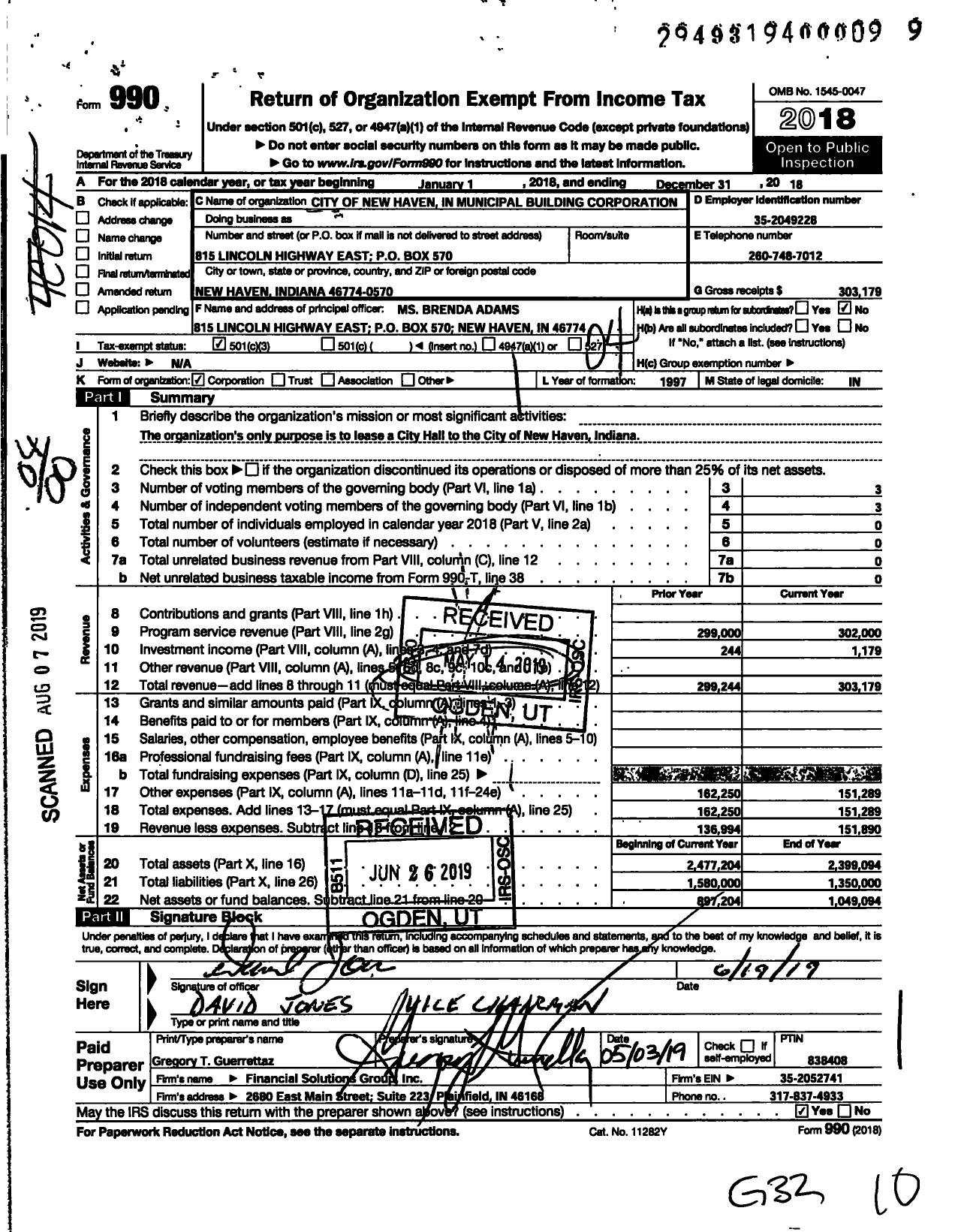 Image of first page of 2018 Form 990O for City of New Haven in Municipal Building Corporation