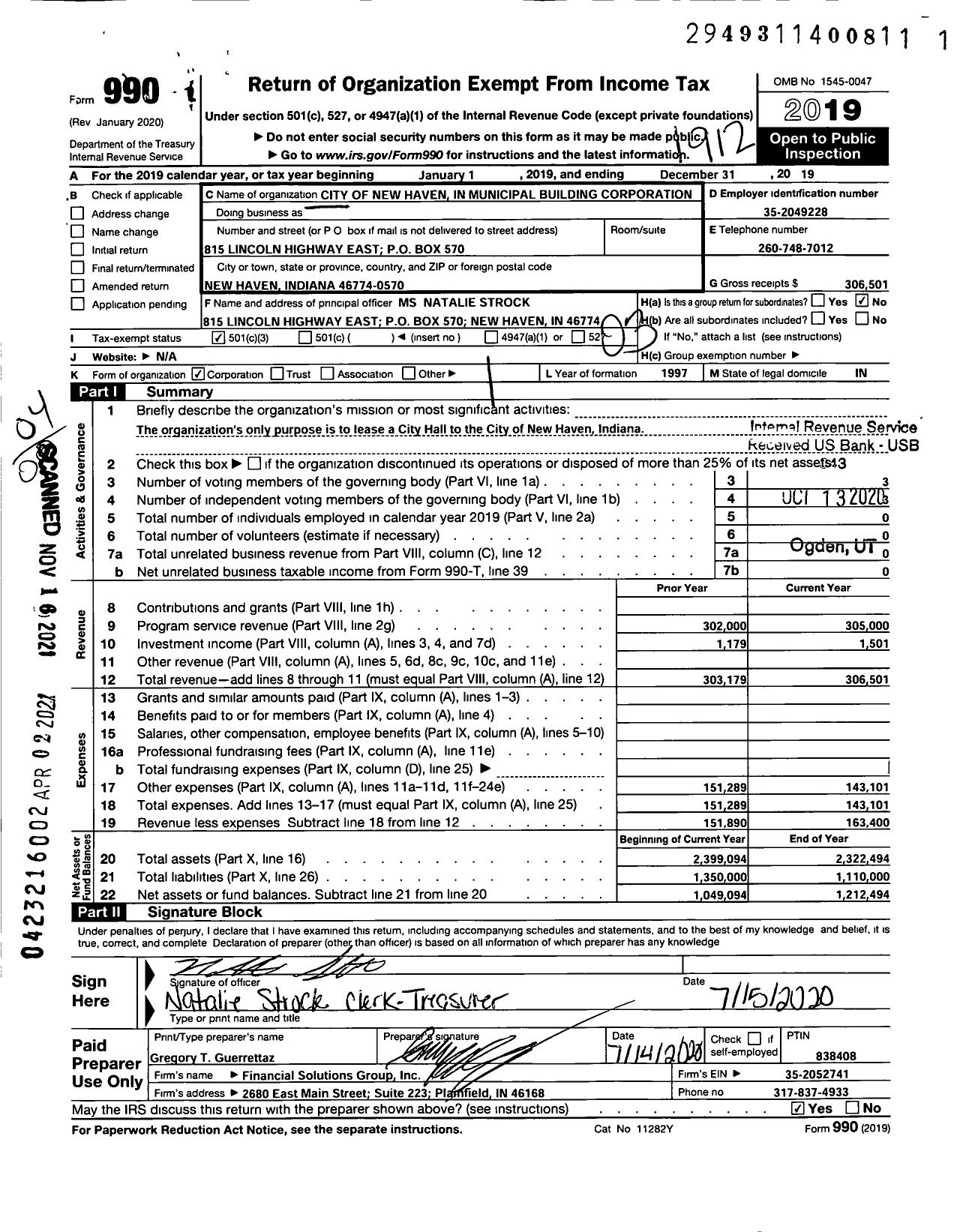 Image of first page of 2019 Form 990 for City of New Haven in Municipal Building Corporation