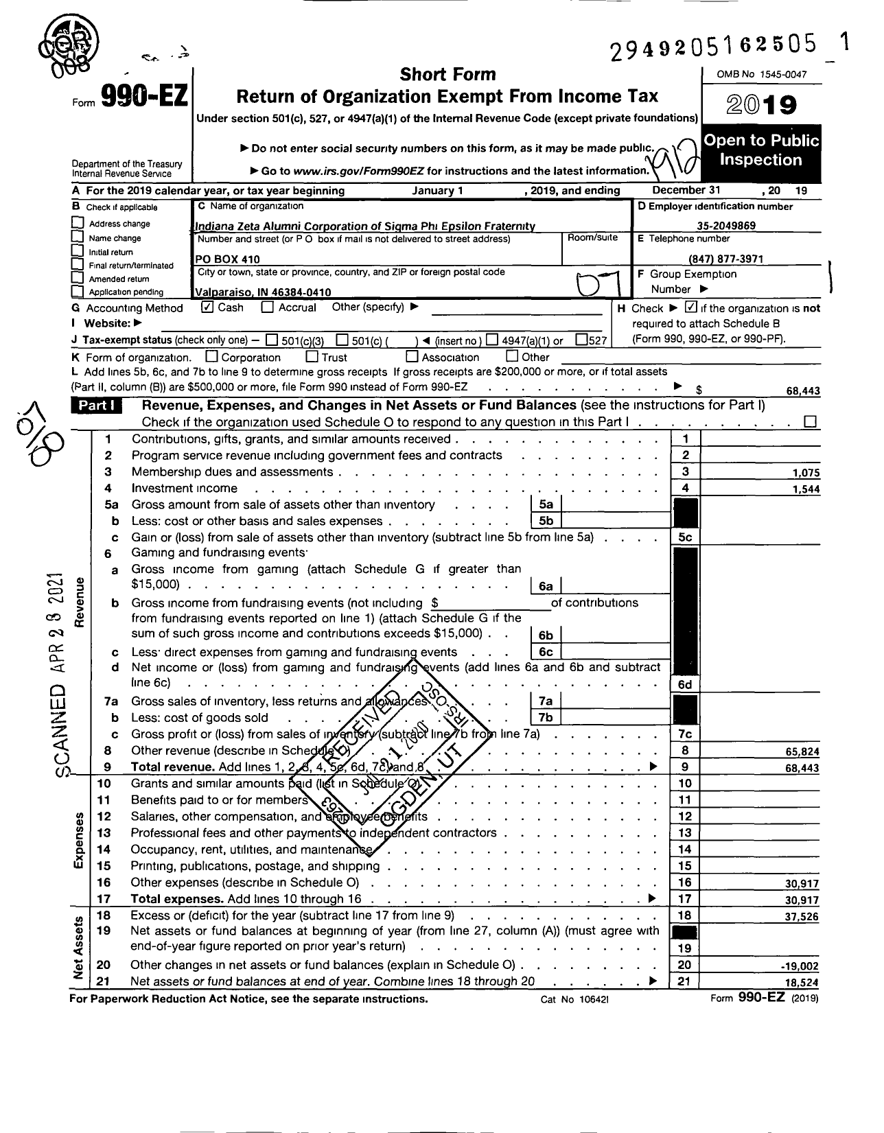 Image of first page of 2019 Form 990EO for Indiana Zeta Alumni Corporation of Sigma Phi Epsilon Fraternity