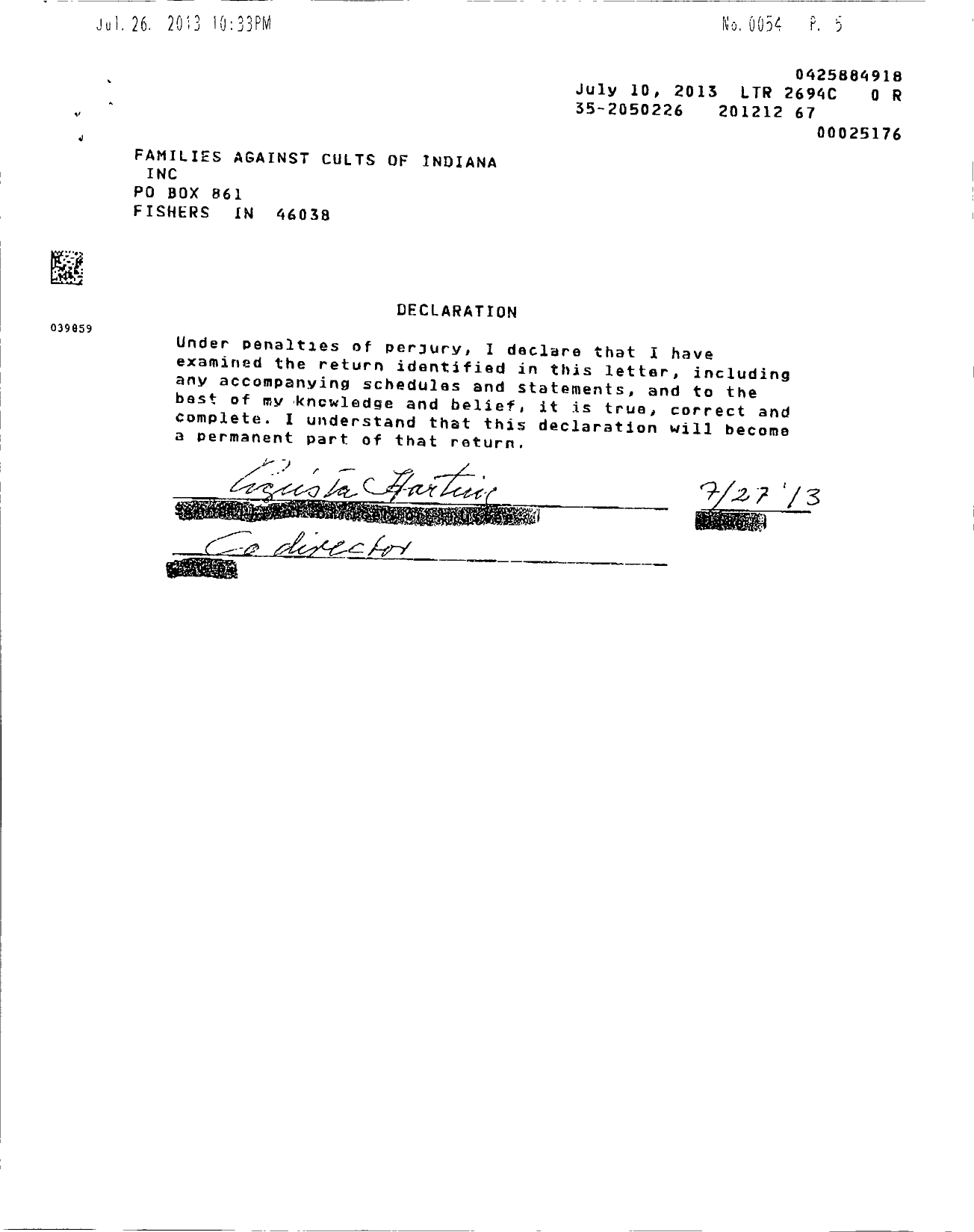 Image of first page of 2012 Form 990R for Families Against Cults of Indiana