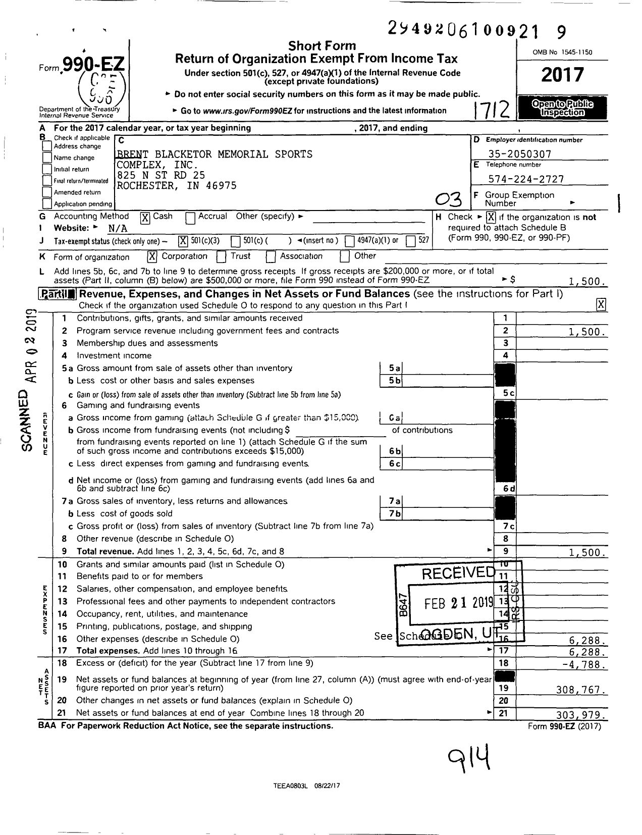 Image of first page of 2017 Form 990EZ for Brent Blacketor Memorial Corporation