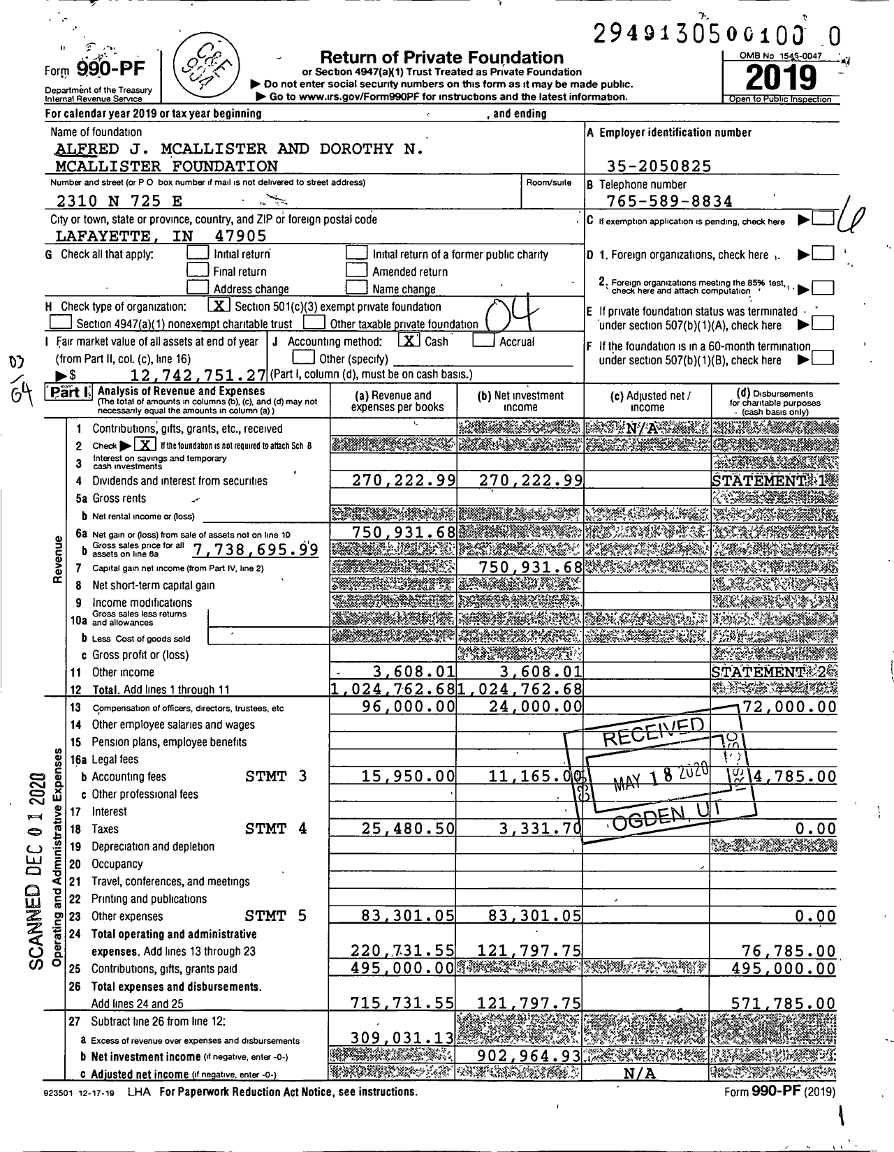 Image of first page of 2019 Form 990PF for Alfred J Mcallister and Dorothy N Mcallister Foundation