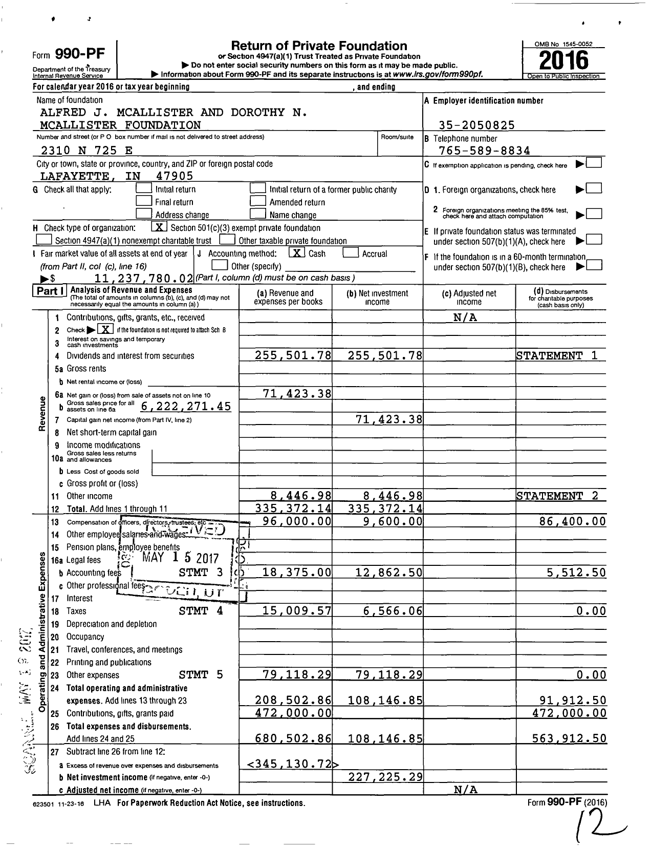 Image of first page of 2016 Form 990PF for Alfred J Mcallister and Dorothy N Mcallister Foundation