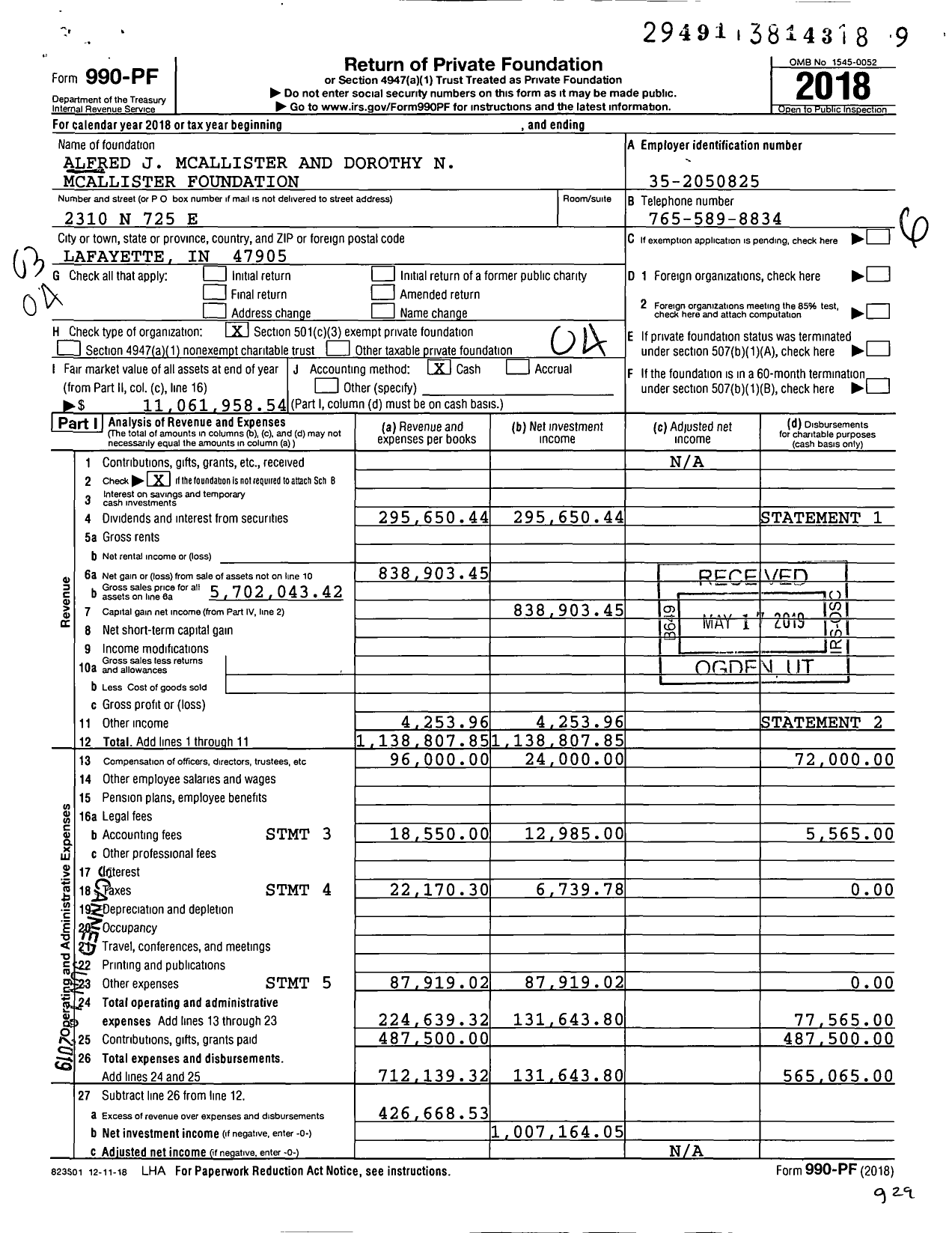 Image of first page of 2018 Form 990PF for Alfred J Mcallister and Dorothy N Mcallister Foundation