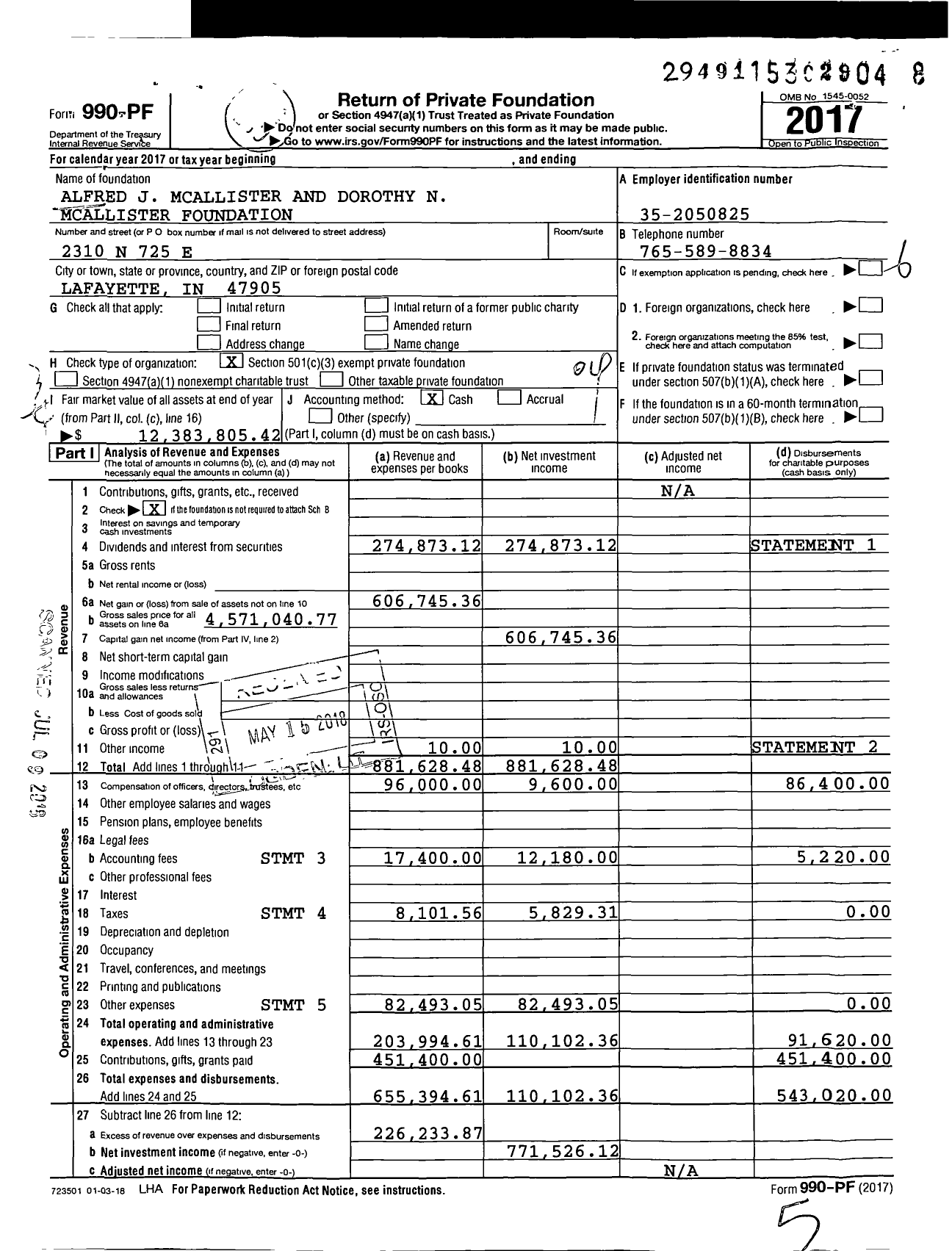 Image of first page of 2017 Form 990PF for Alfred J Mcallister and Dorothy N Mcallister Foundation