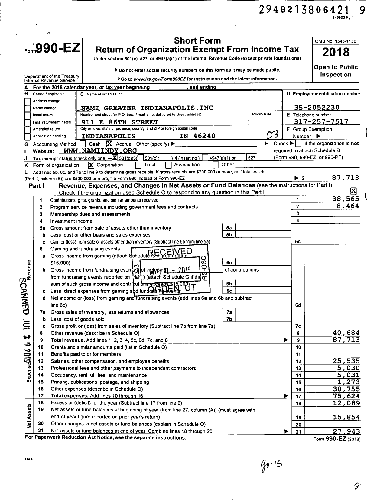 Image of first page of 2018 Form 990EZ for Nami Greater Indianapolis