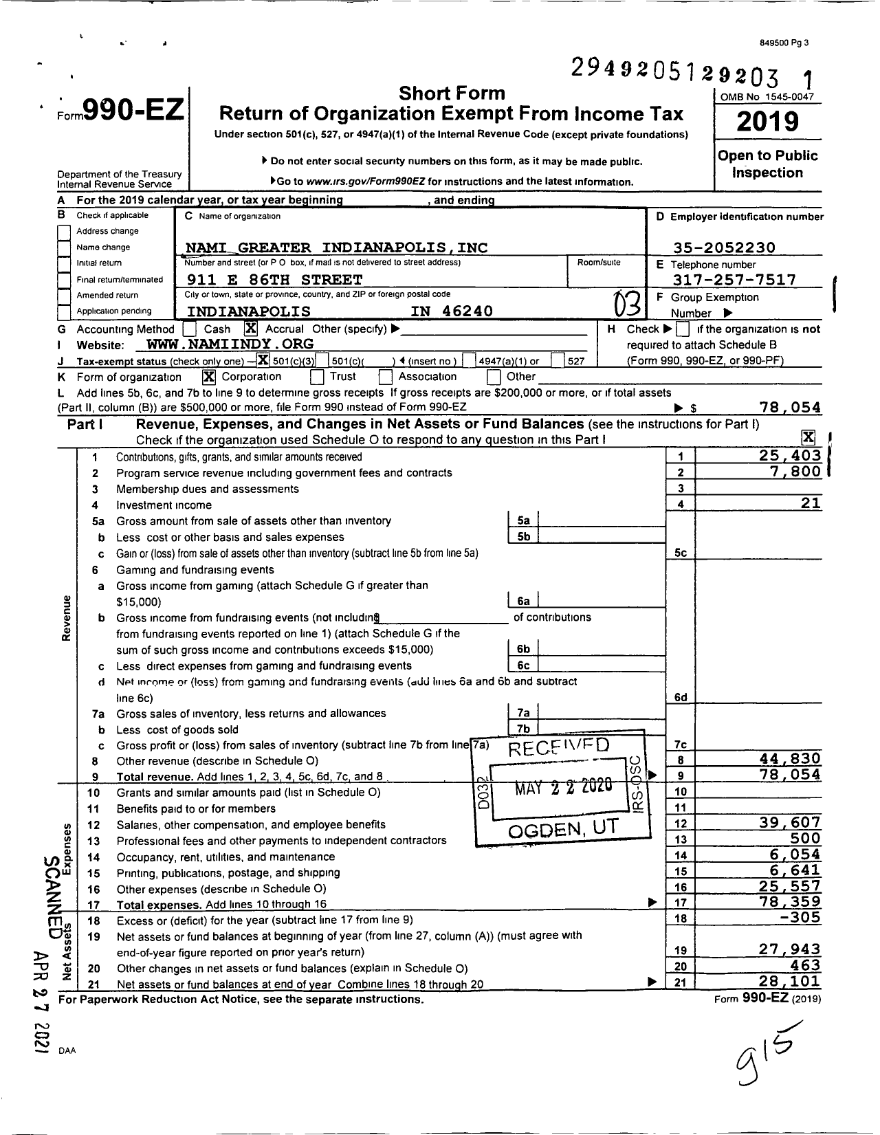 Image of first page of 2019 Form 990EZ for Nami Greater Indianapolis