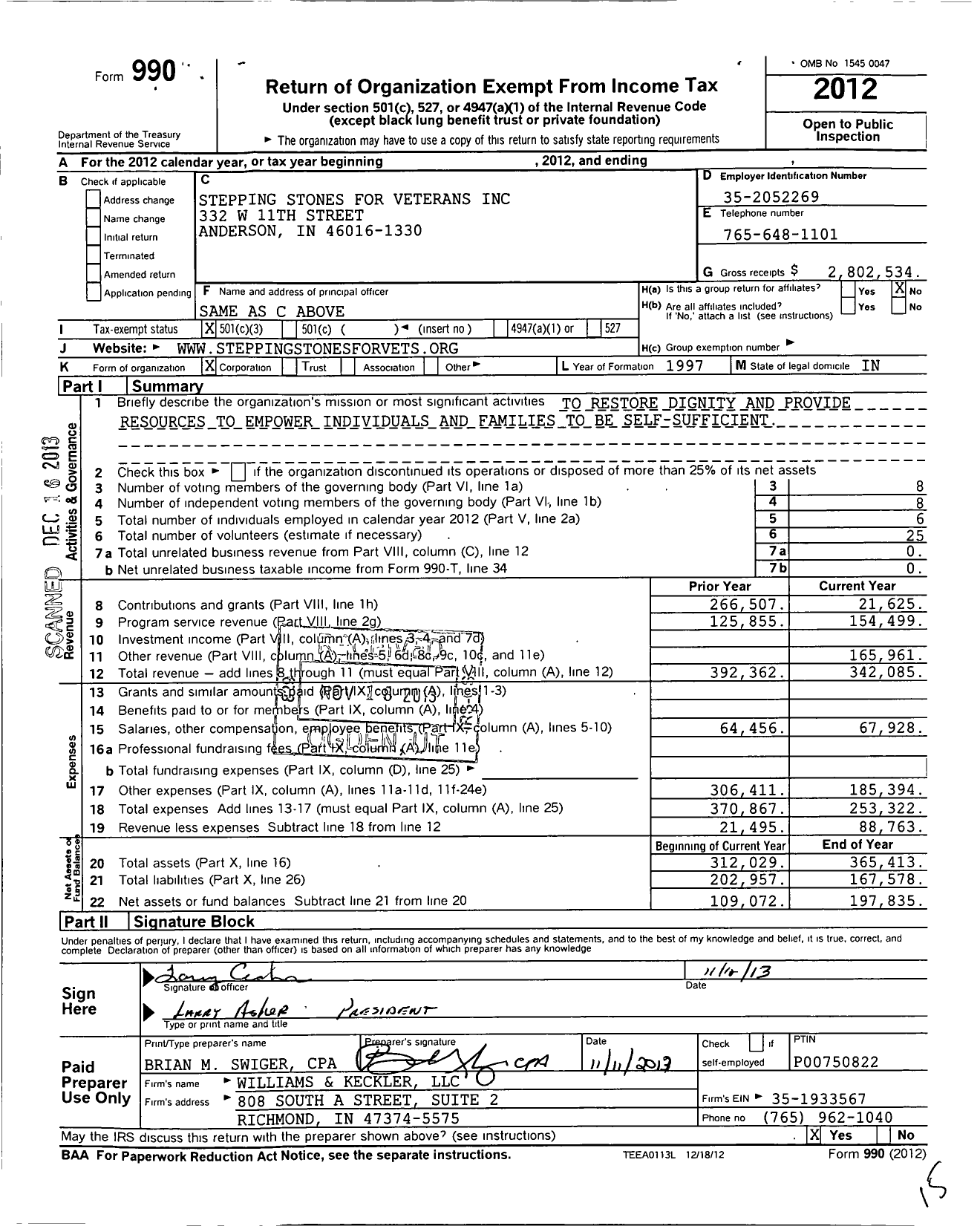 Image of first page of 2012 Form 990 for Stepping Stones for Veterans