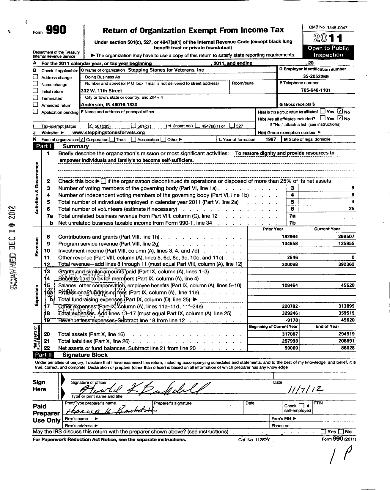 Image of first page of 2011 Form 990 for Stepping Stones for Veterans