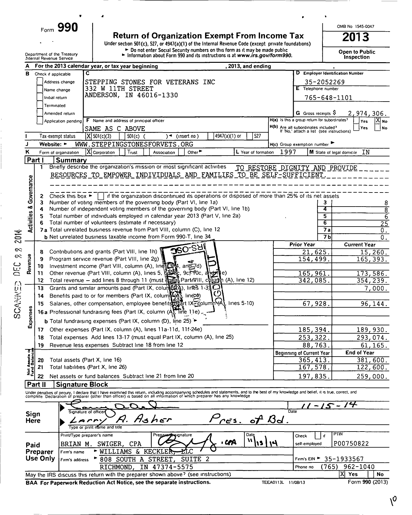 Image of first page of 2013 Form 990 for Stepping Stones for Veterans