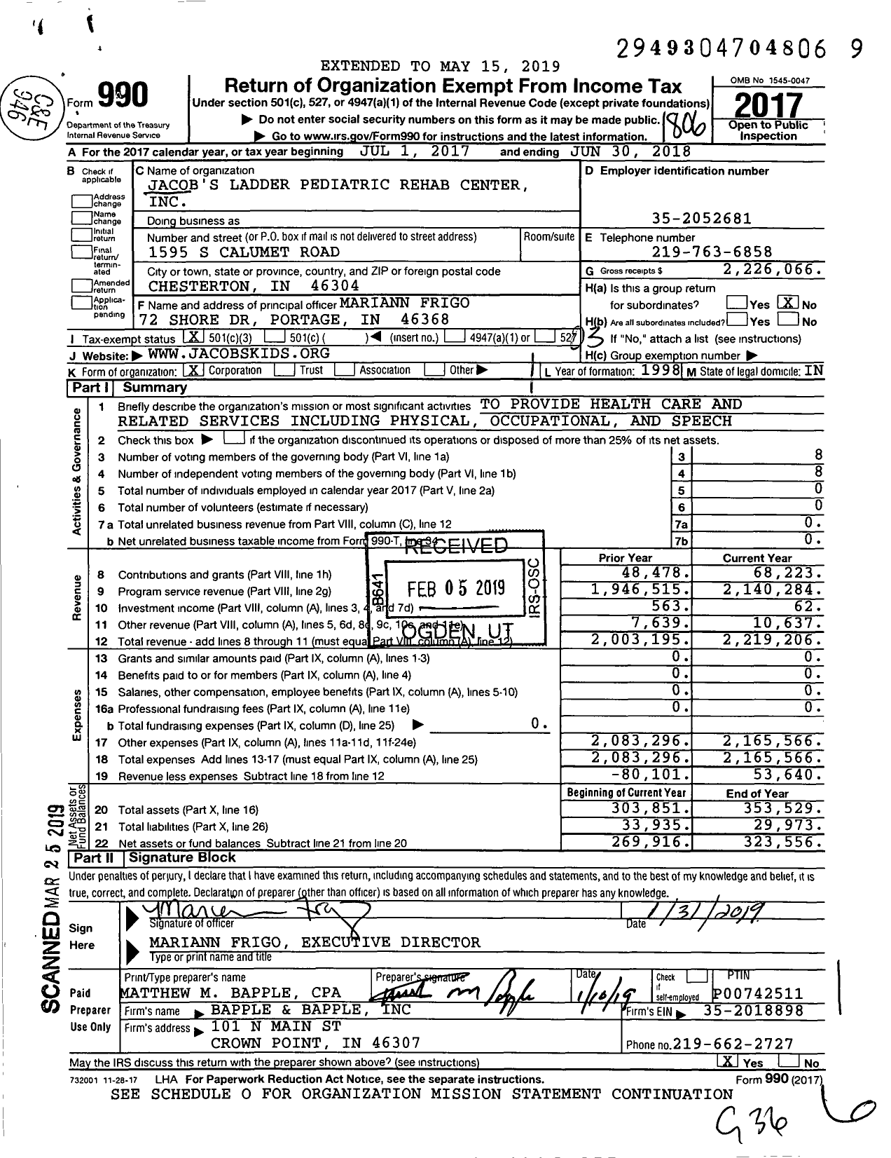 Image of first page of 2017 Form 990 for Jacob's Ladder Pediatric Rehab Center