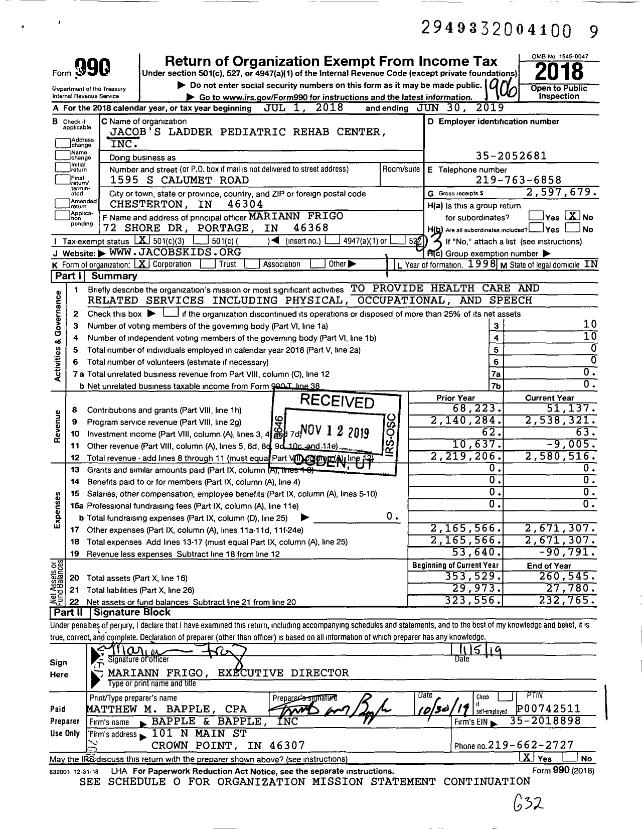 Image of first page of 2018 Form 990 for Jacob's Ladder Pediatric Rehab Center