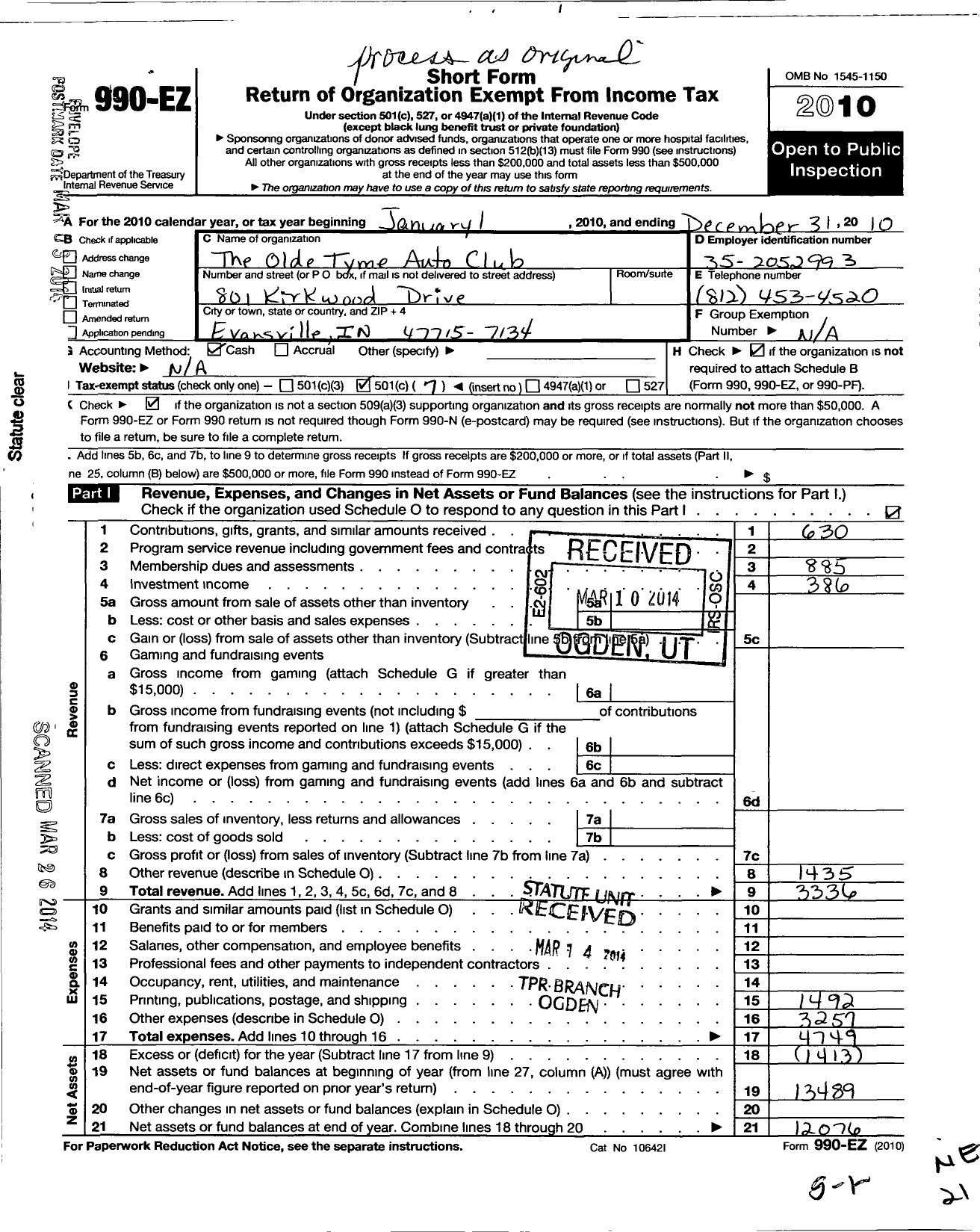 Image of first page of 2010 Form 990EO for Olde Tyme Auto Club