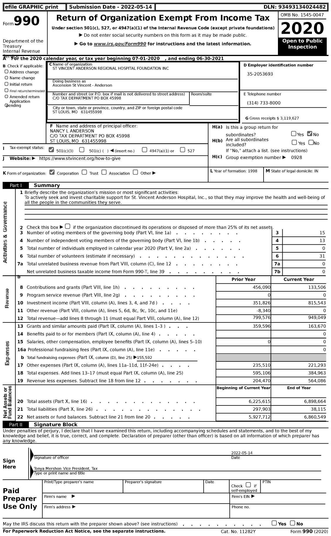 Image of first page of 2020 Form 990 for Ascension St Vincent - Anderson