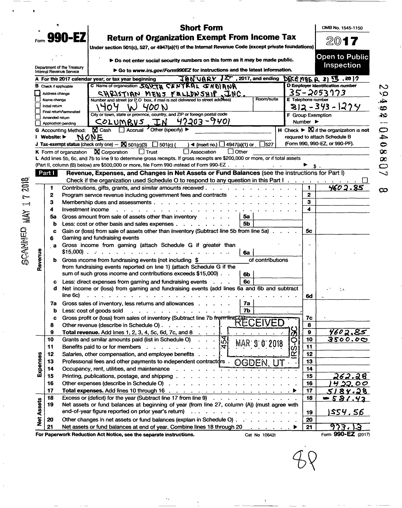 Image of first page of 2017 Form 990EZ for South Central Indiana Christian Mens Fellowship