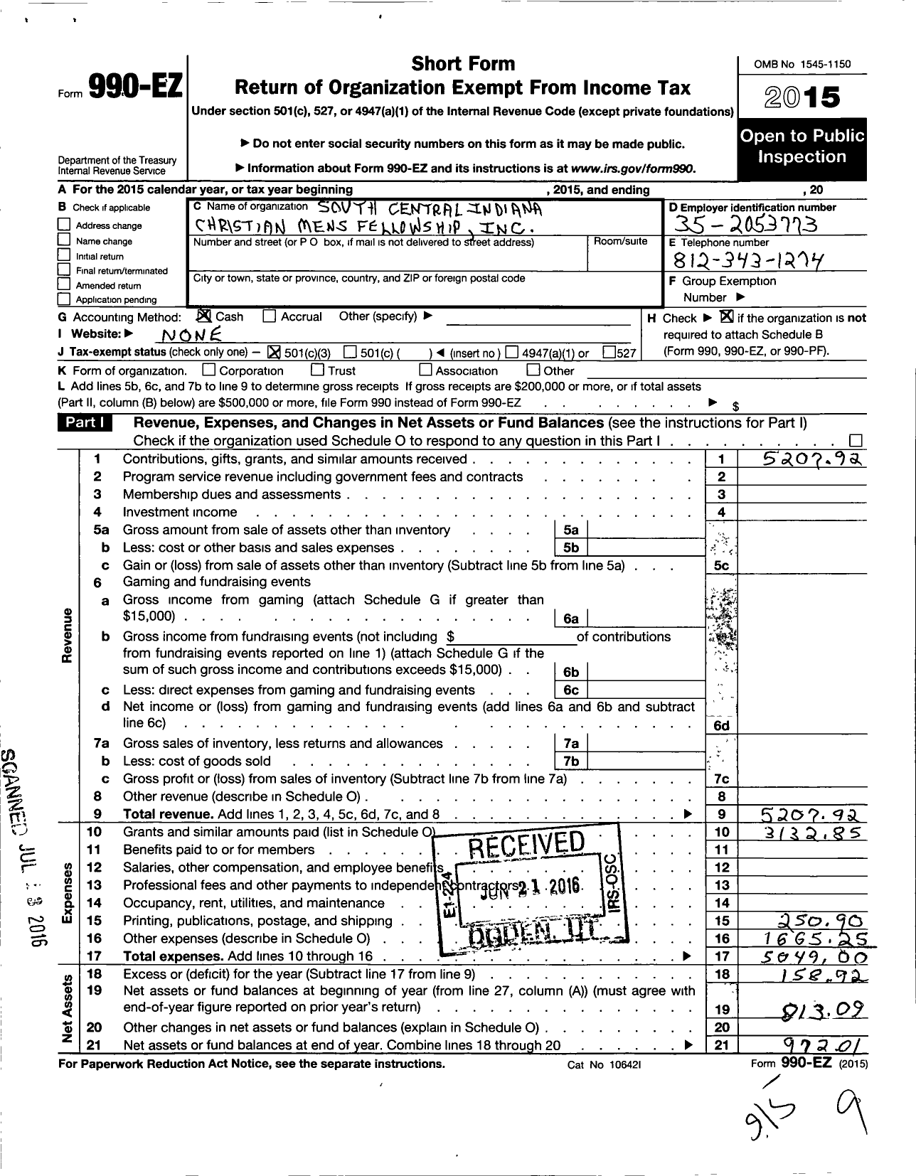 Image of first page of 2015 Form 990EZ for South Central Indiana Christian Mens Fellowship