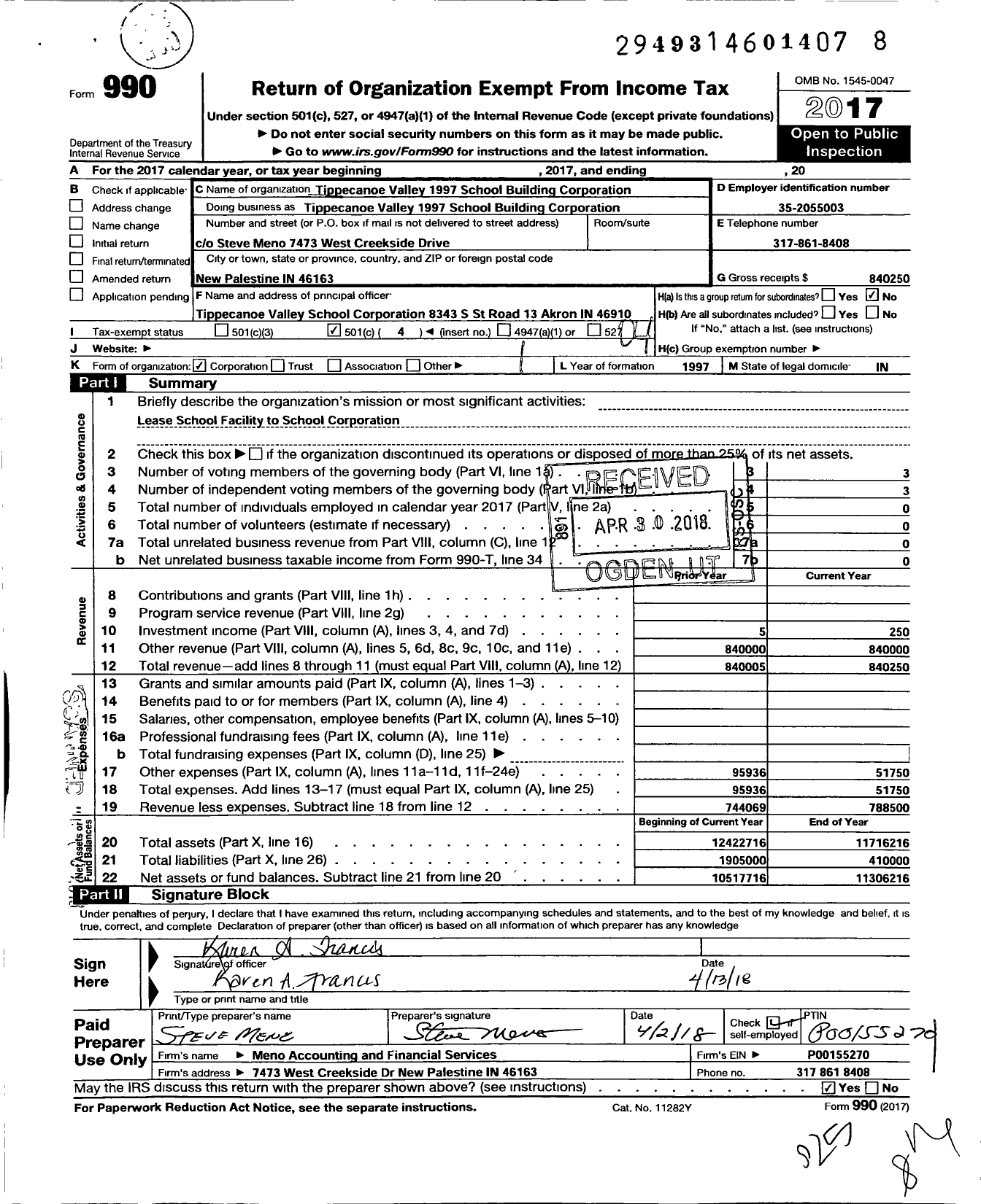 Image of first page of 2017 Form 990O for Tippecanoe VALLEY 1997 school BUILDING CORPORATION