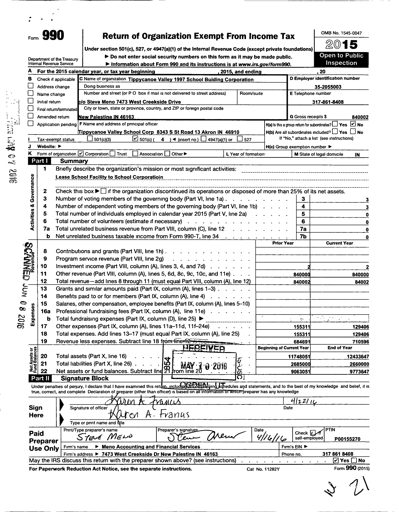 Image of first page of 2015 Form 990O for Tippecanoe VALLEY 1997 school BUILDING CORPORATION