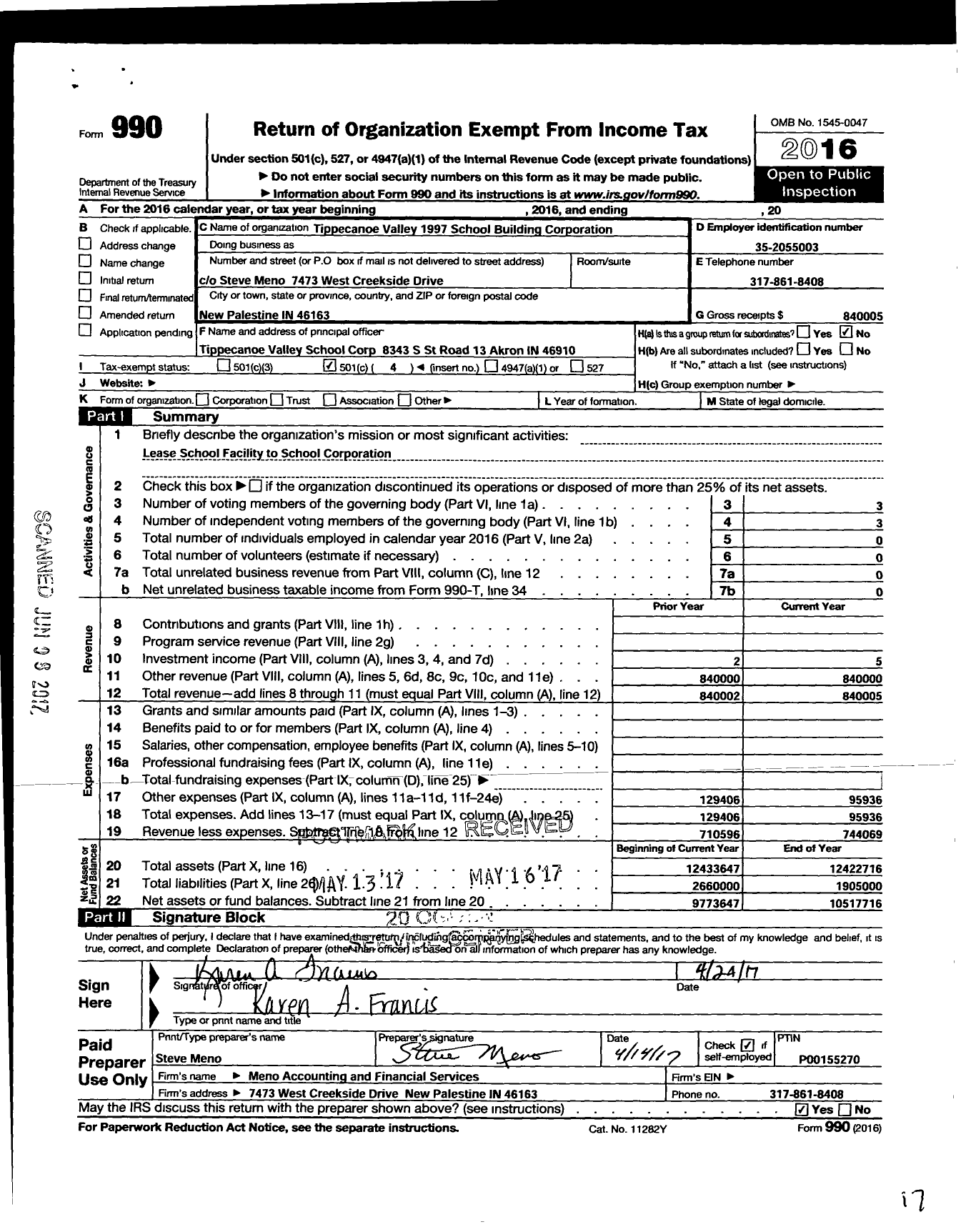 Image of first page of 2016 Form 990O for Tippecanoe VALLEY 1997 school BUILDING CORPORATION