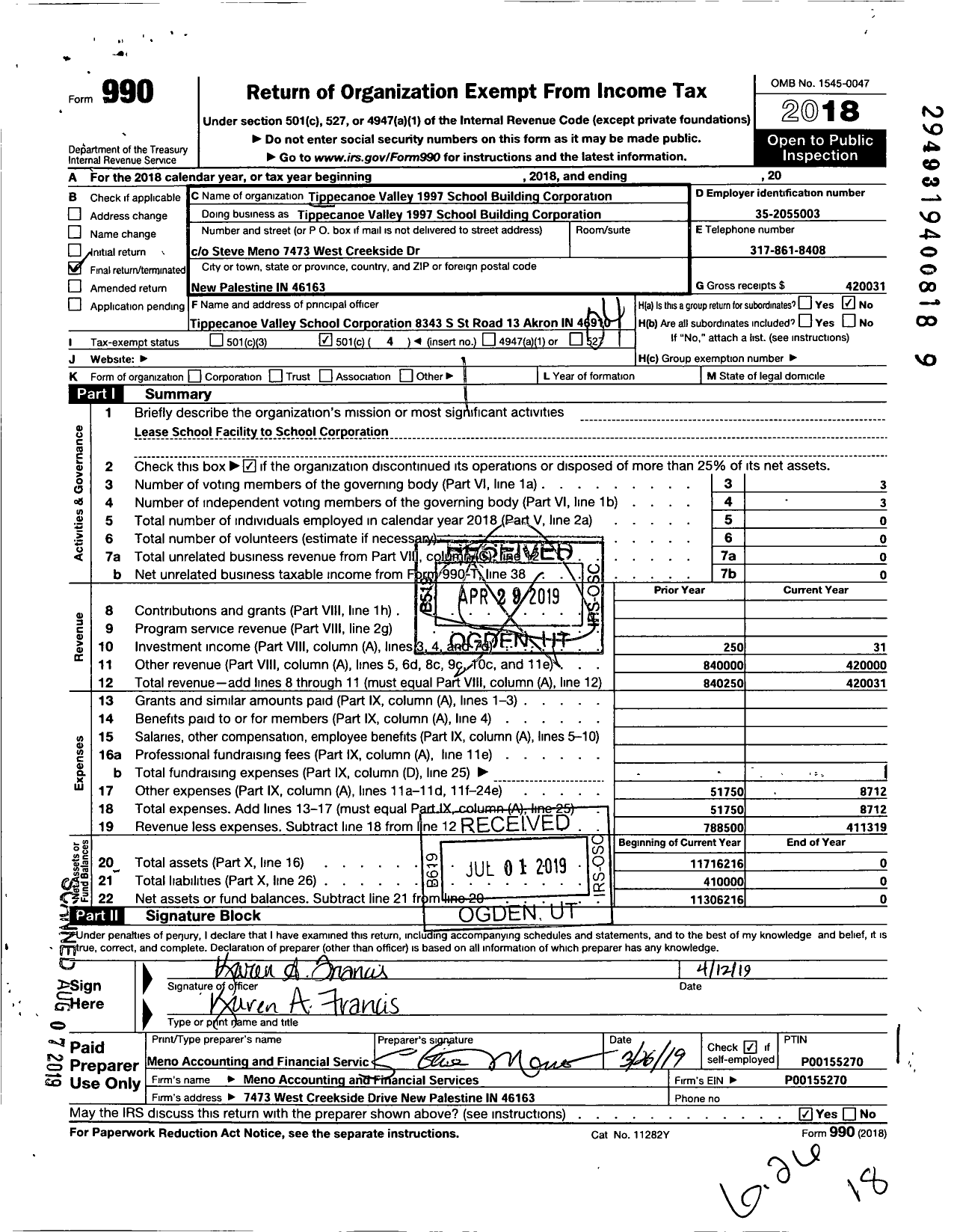 Image of first page of 2018 Form 990O for Tippecanoe VALLEY 1997 school BUILDING CORPORATION