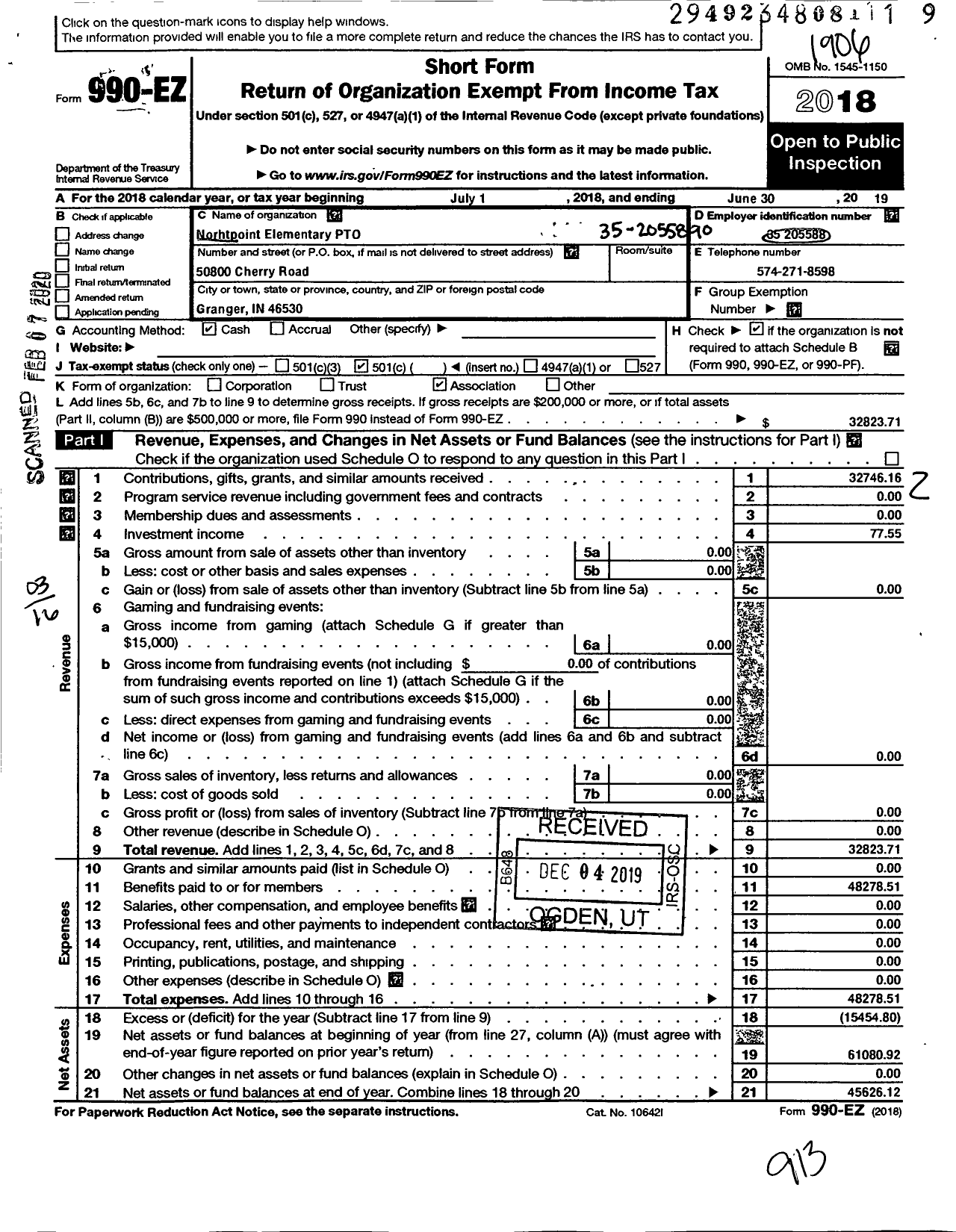 Image of first page of 2018 Form 990EZ for Northpoint Elementary Parent Teacher Organization / Northpointe Elementary School Pto