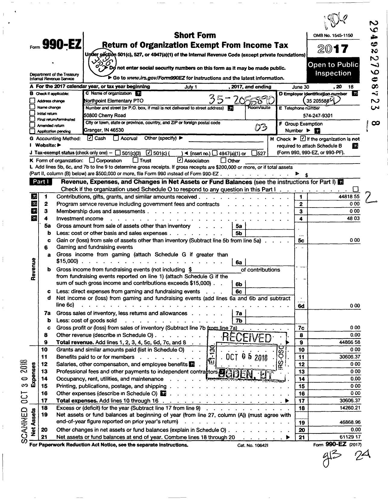 Image of first page of 2017 Form 990EZ for Northpoint Elementary Parent Teacher Organization / Northpointe Elementary School Pto