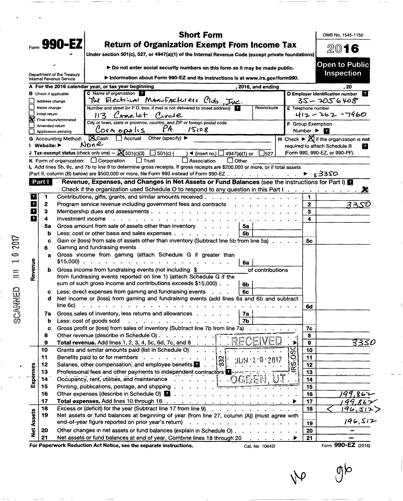 Image of first page of 2016 Form 990EZ for The Electrical Manufacturers Club