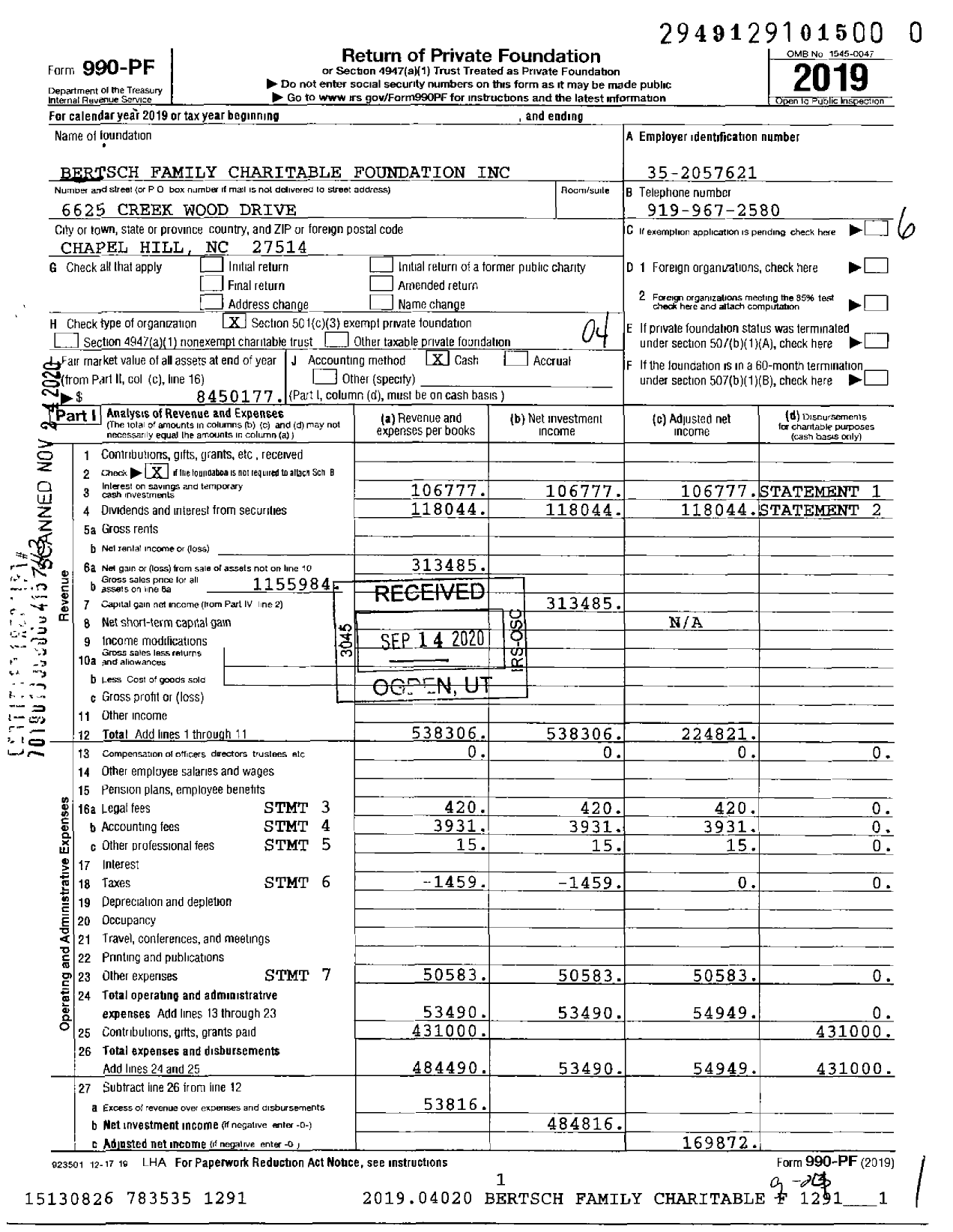 Image of first page of 2019 Form 990PF for Bertsch Family Charitable Foundation