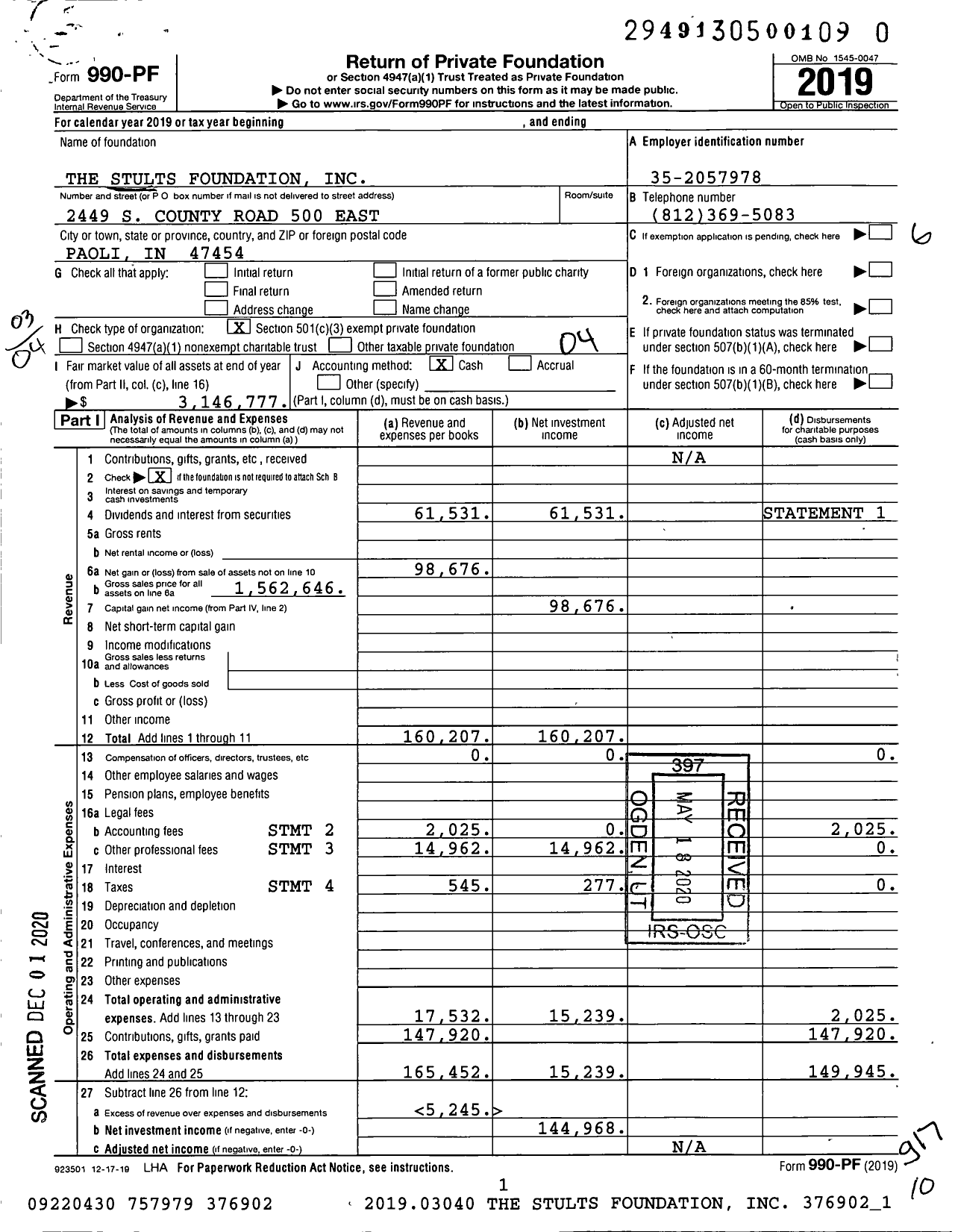 Image of first page of 2019 Form 990PF for The Stults Foundation