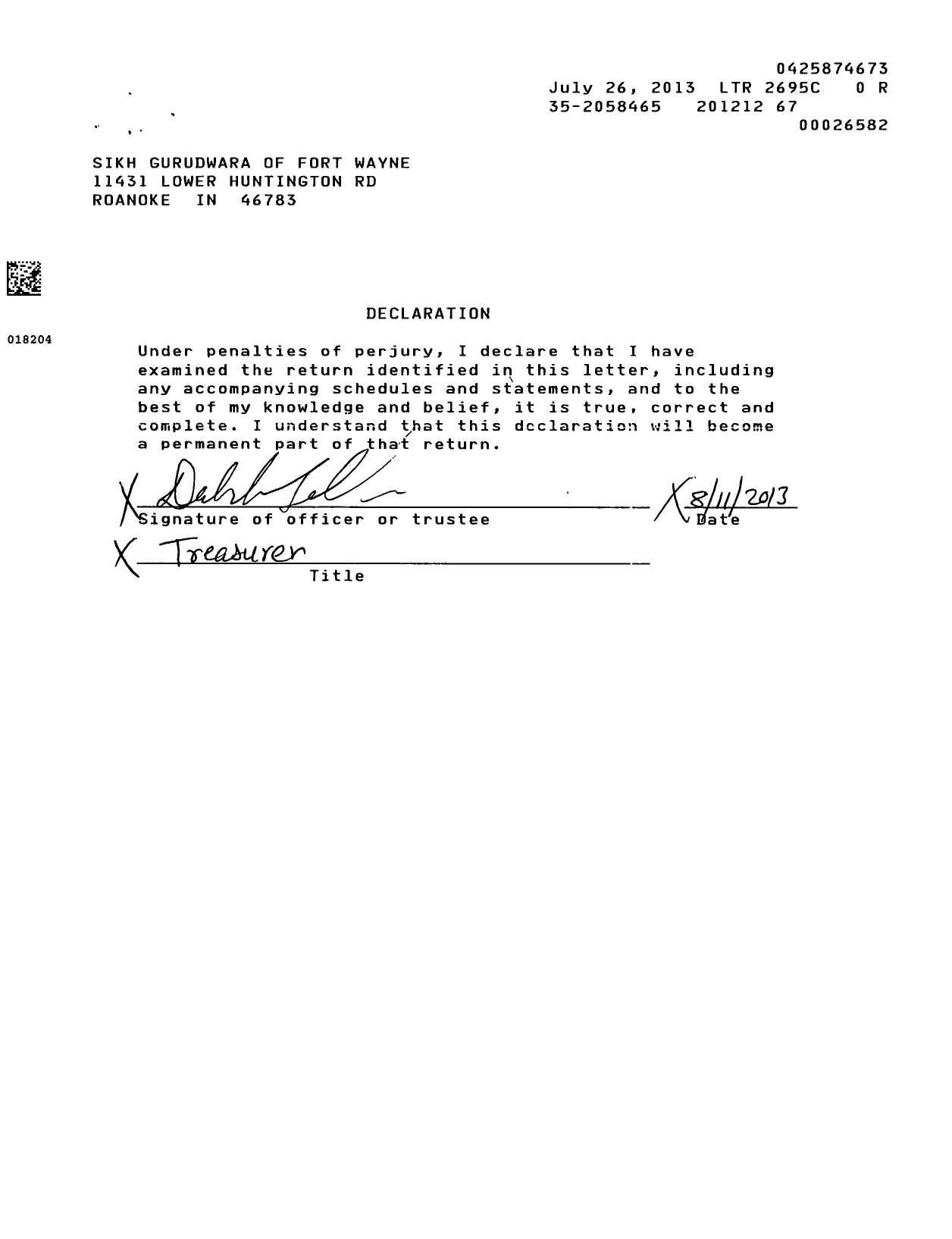 Image of first page of 2012 Form 990ER for Sikh Gurudwara of Fort Wayne