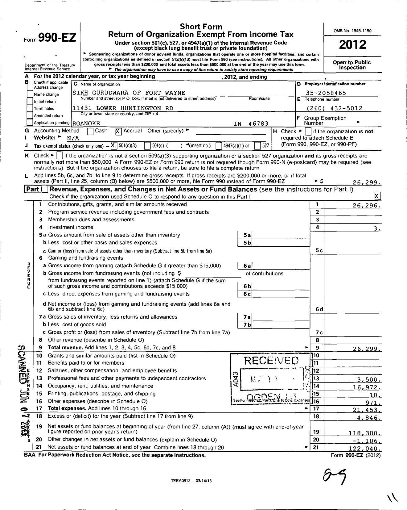 Image of first page of 2012 Form 990EZ for Sikh Gurudwara of Fort Wayne