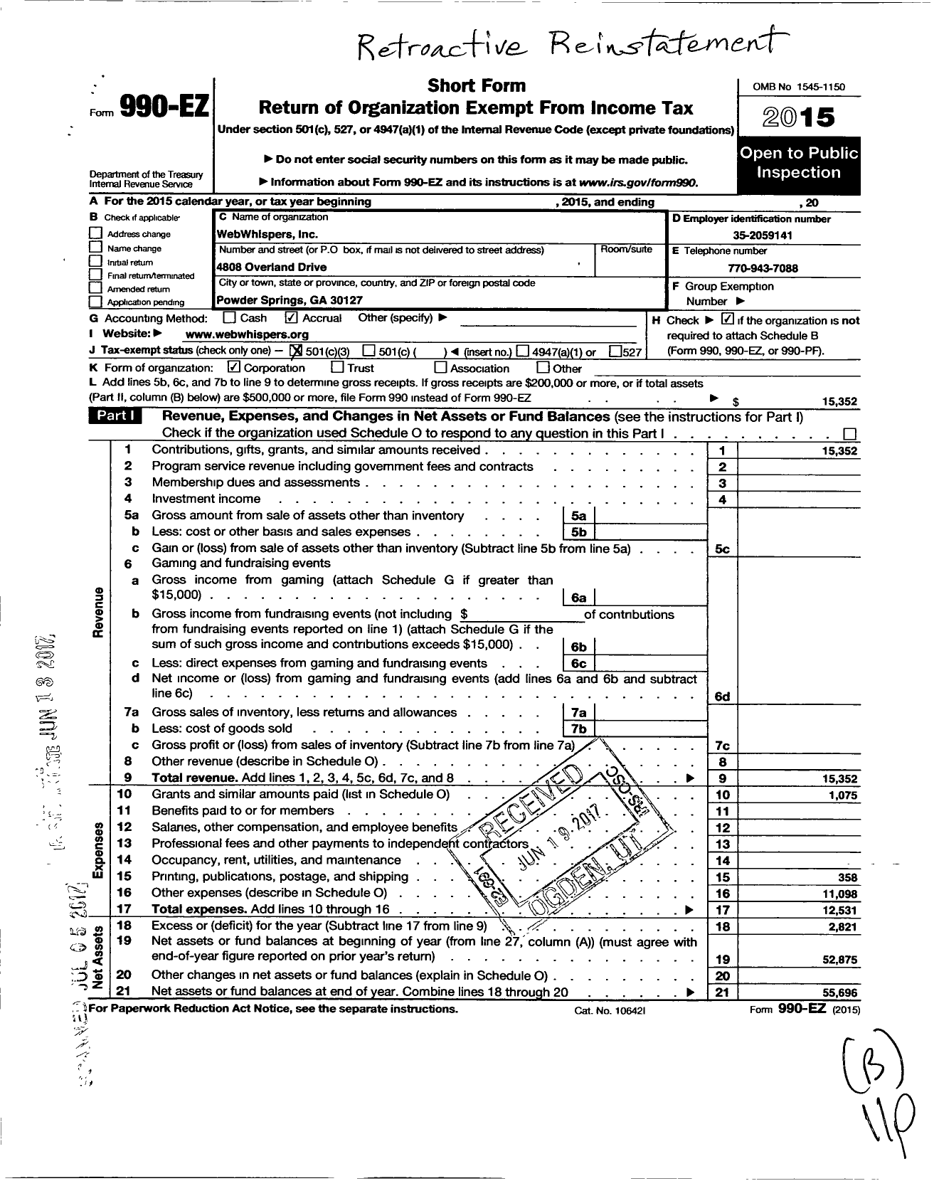 Image of first page of 2015 Form 990EZ for Webwhispers Incorporated