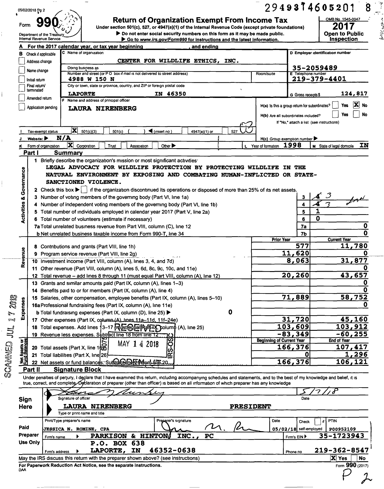 Image of first page of 2017 Form 990 for Center for Wildlife Ethics