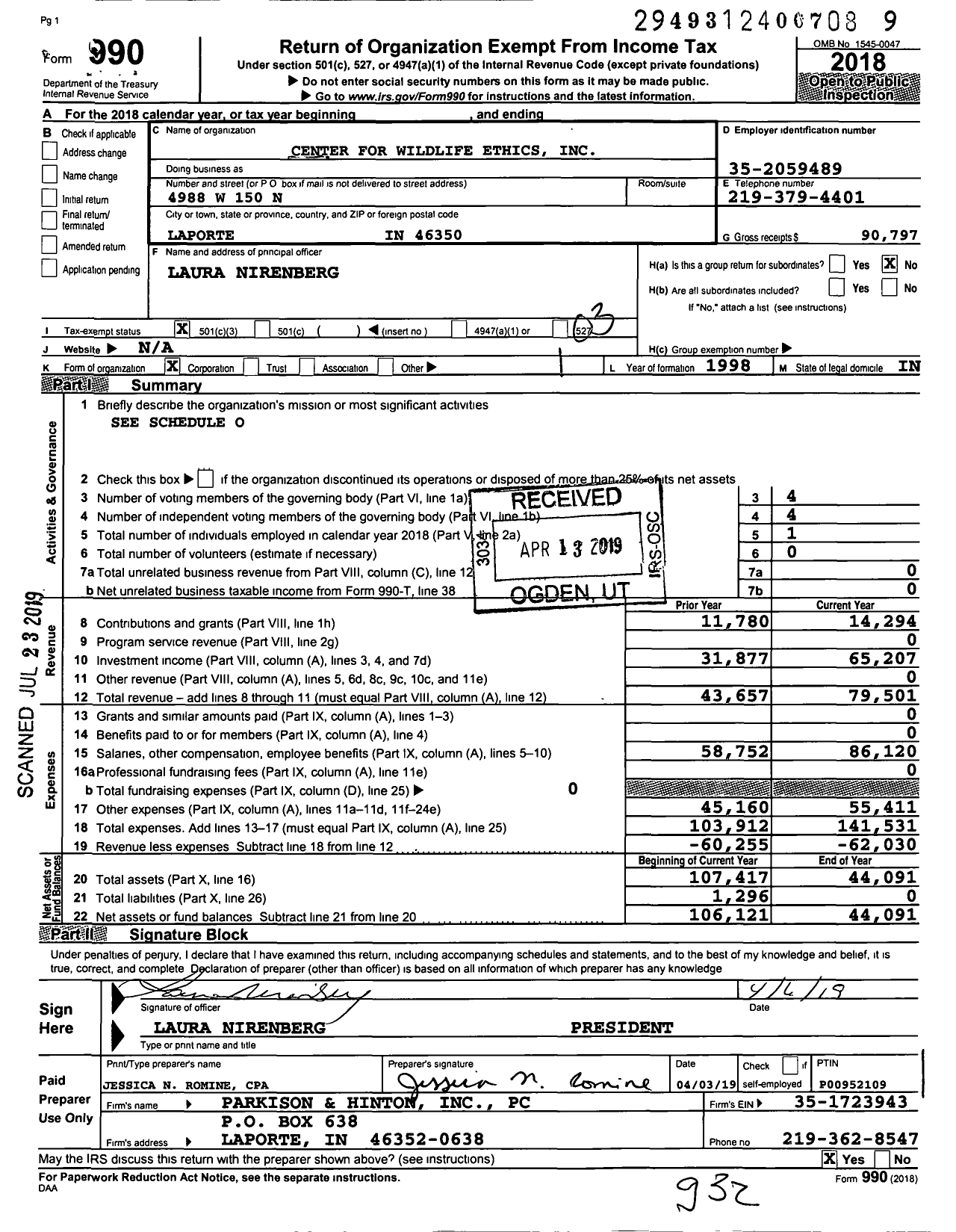 Image of first page of 2018 Form 990 for Center for Wildlife Ethics