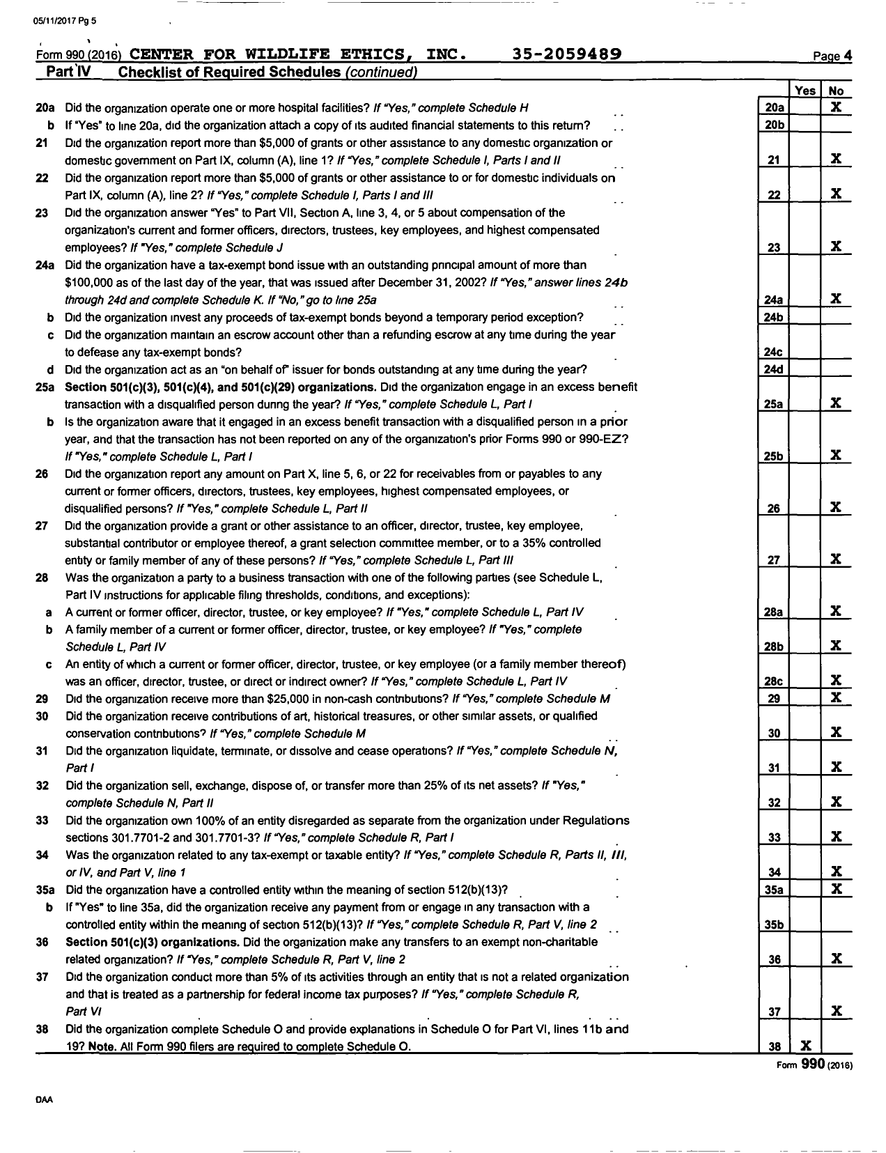 Image of first page of 2016 Form 990 for Center for Wildlife Ethics