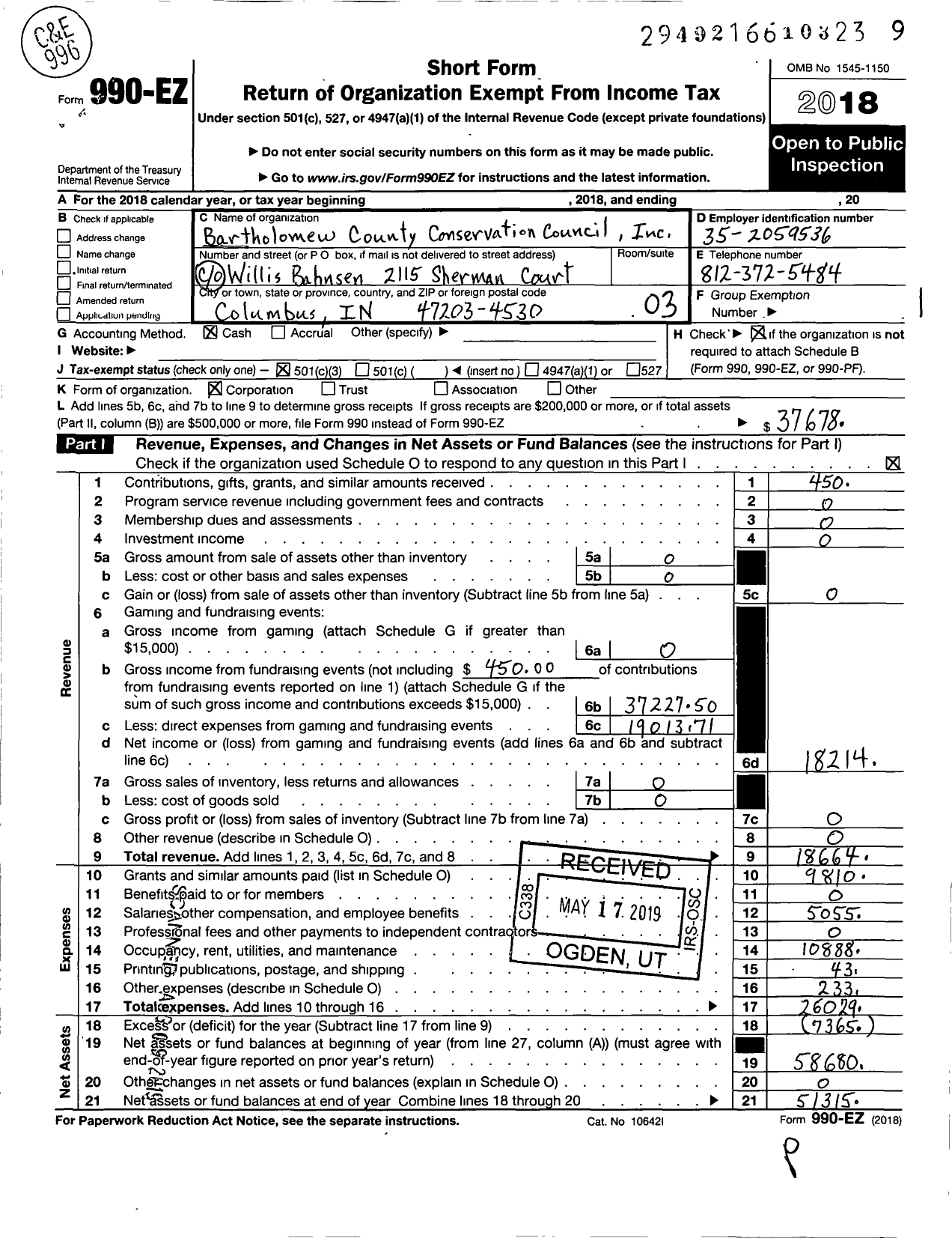 Image of first page of 2018 Form 990EZ for Bartholomew County Conservation Council