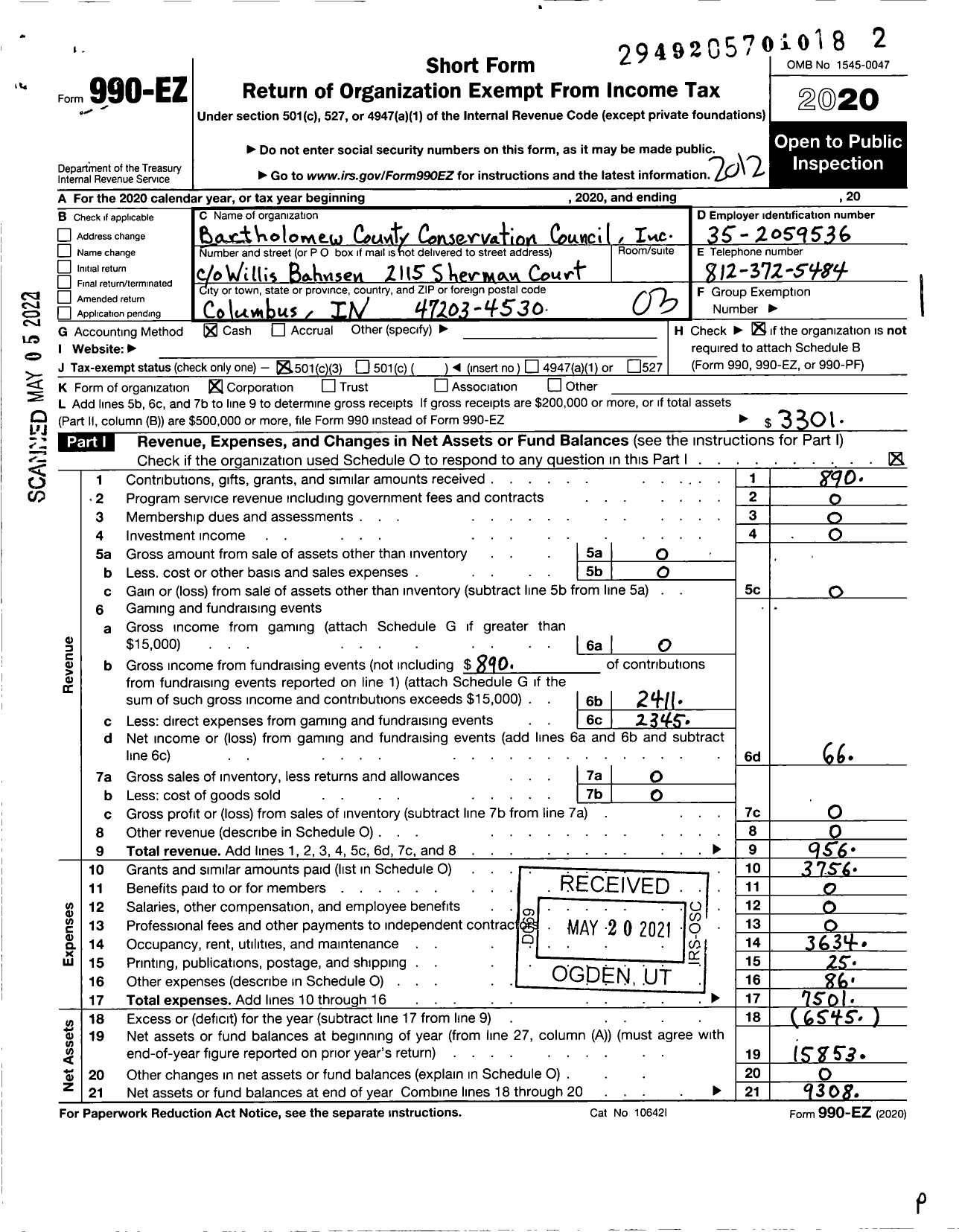 Image of first page of 2020 Form 990EZ for Bartholomew County Conservation Council