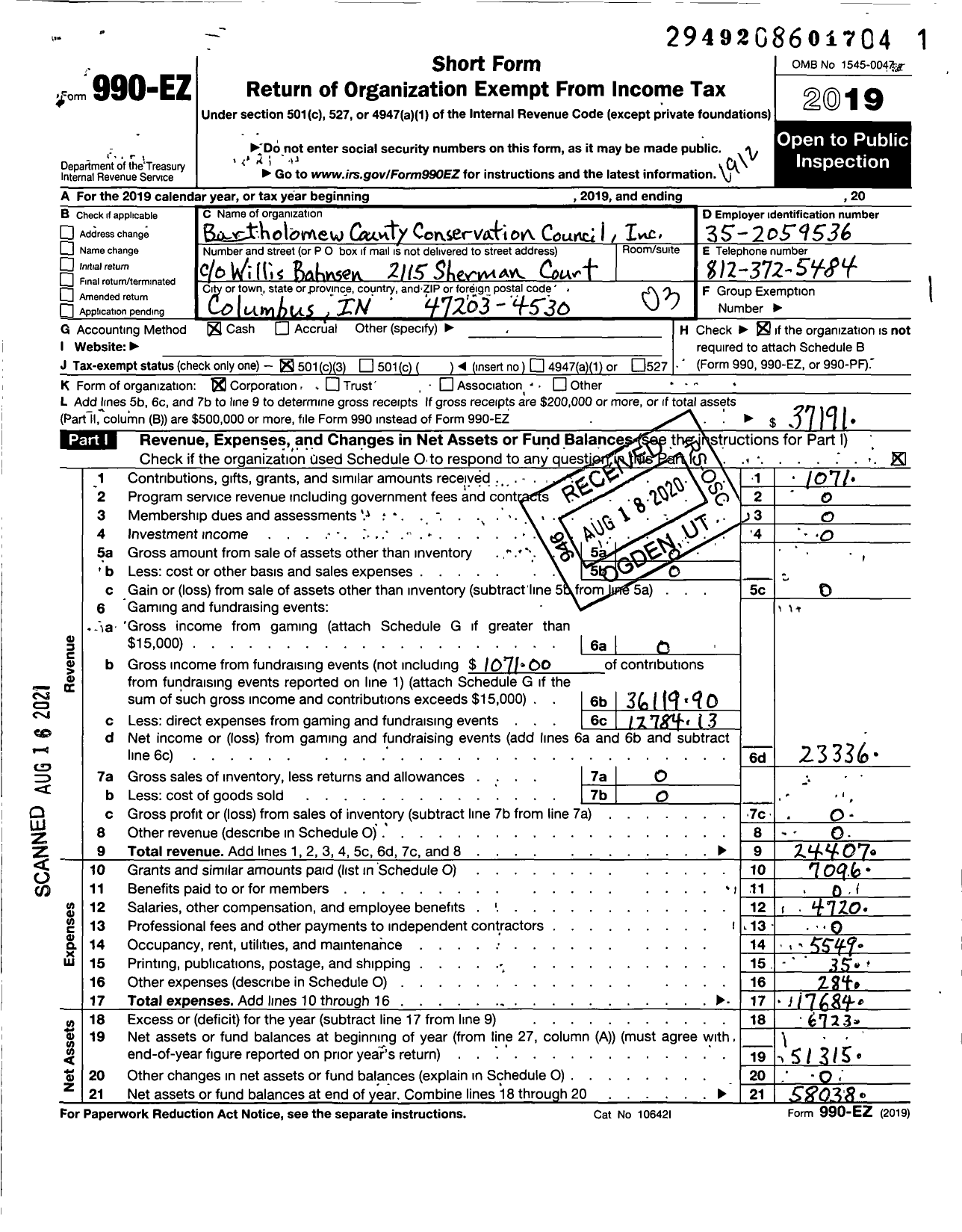 Image of first page of 2019 Form 990EZ for Bartholomew County Conservation Council