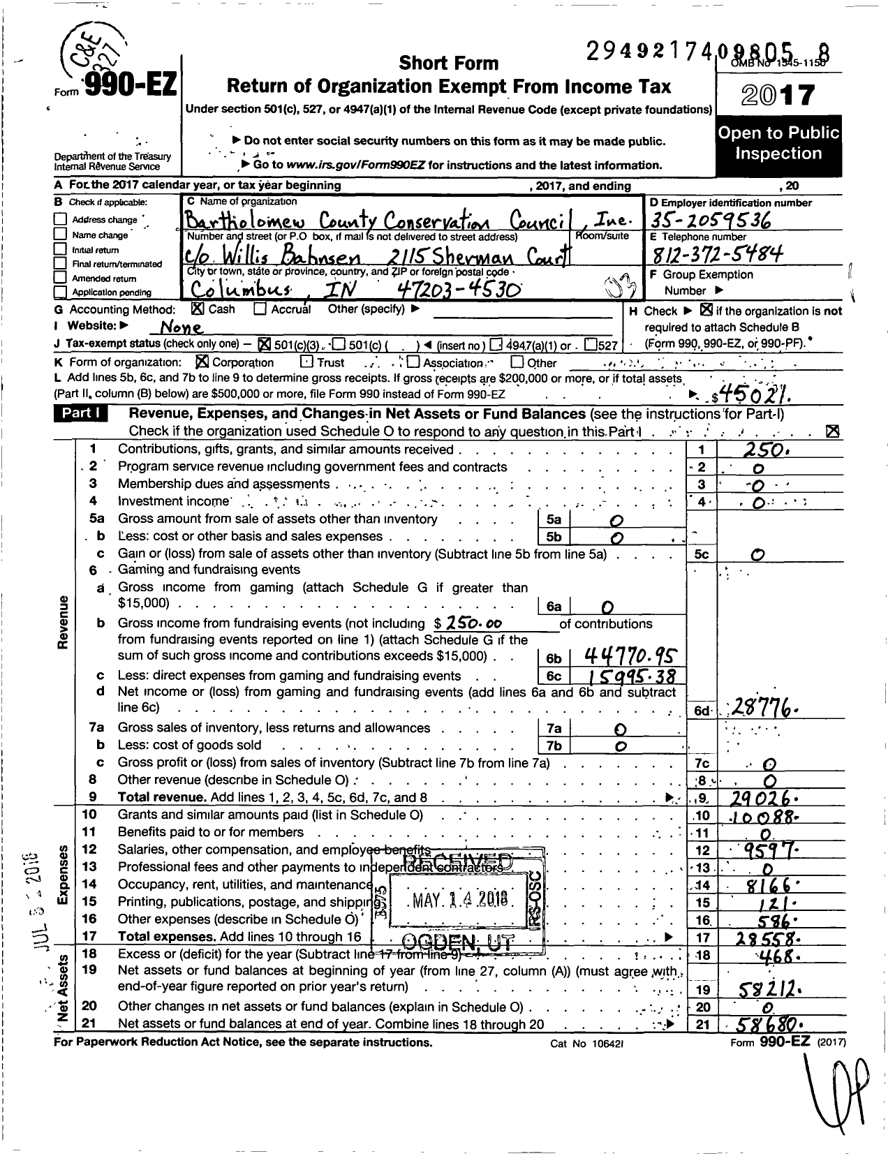 Image of first page of 2017 Form 990EZ for Bartholomew County Conservation Council