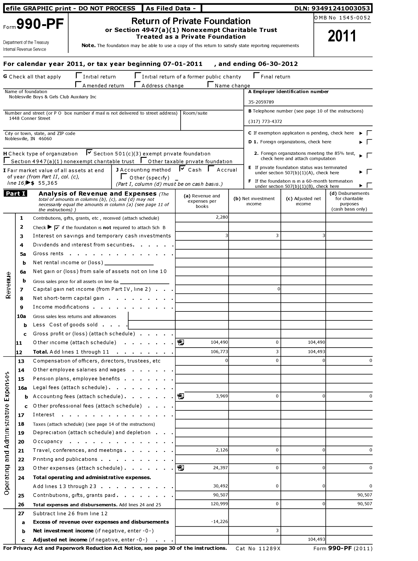 Image of first page of 2011 Form 990PF for Noblesville Boys and Girls Club Auxiliary