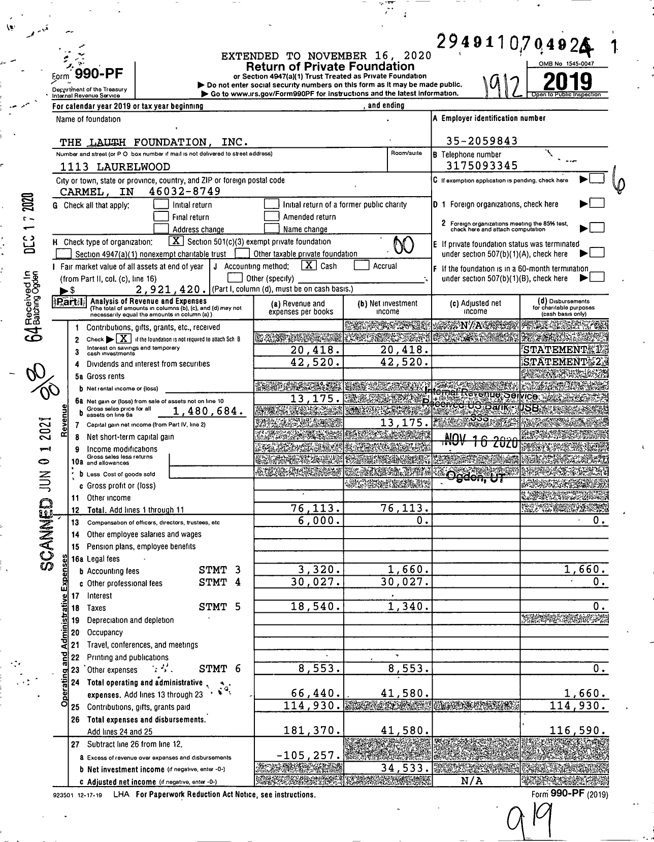 Image of first page of 2019 Form 990PF for The Lauth Foundation