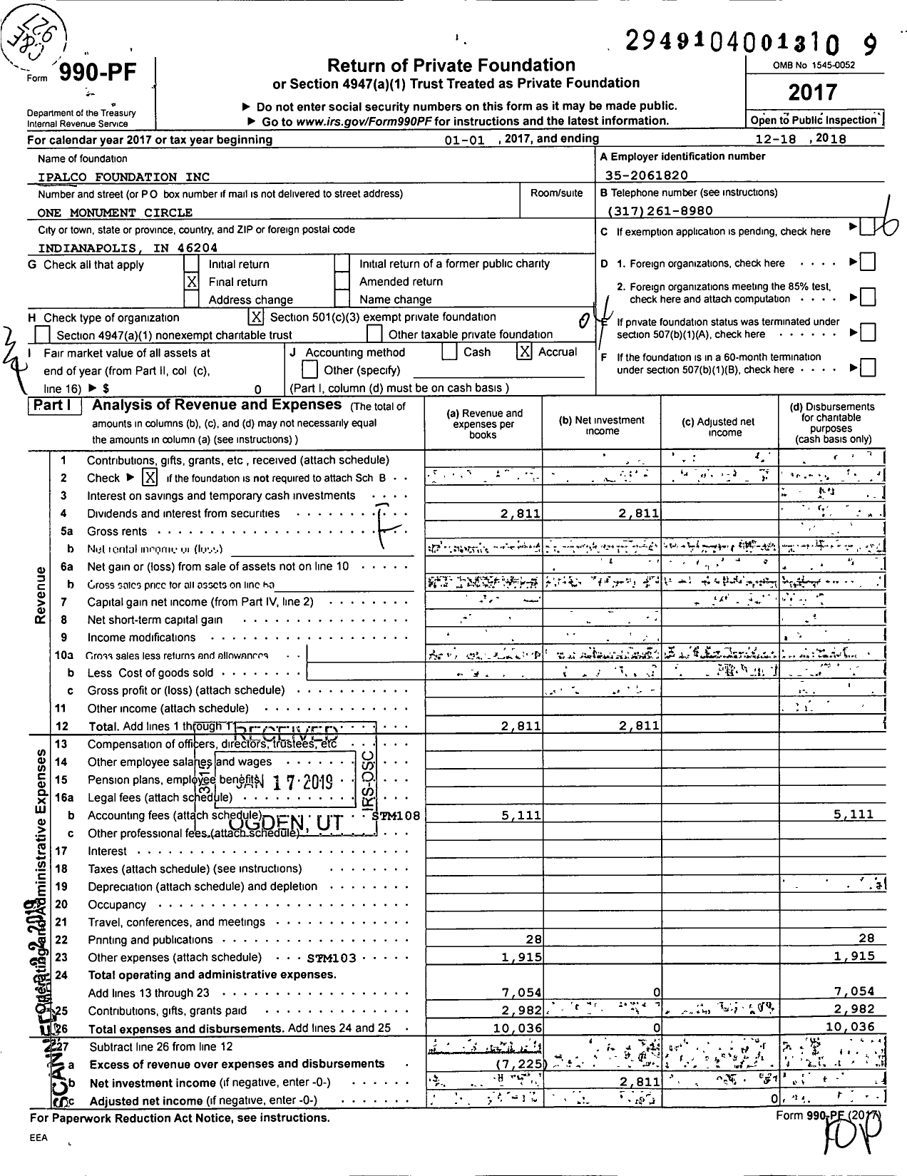 Image of first page of 2018 Form 990PF for Ipalco Foundation