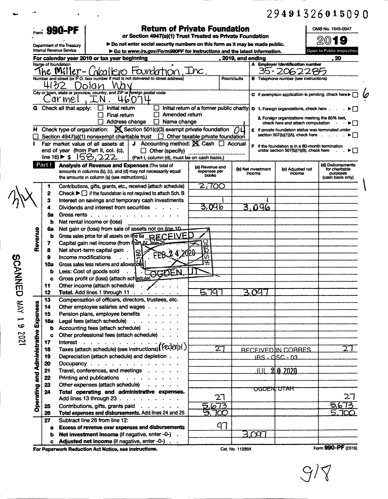 Image of first page of 2019 Form 990PF for Miller-Caballero Foundation