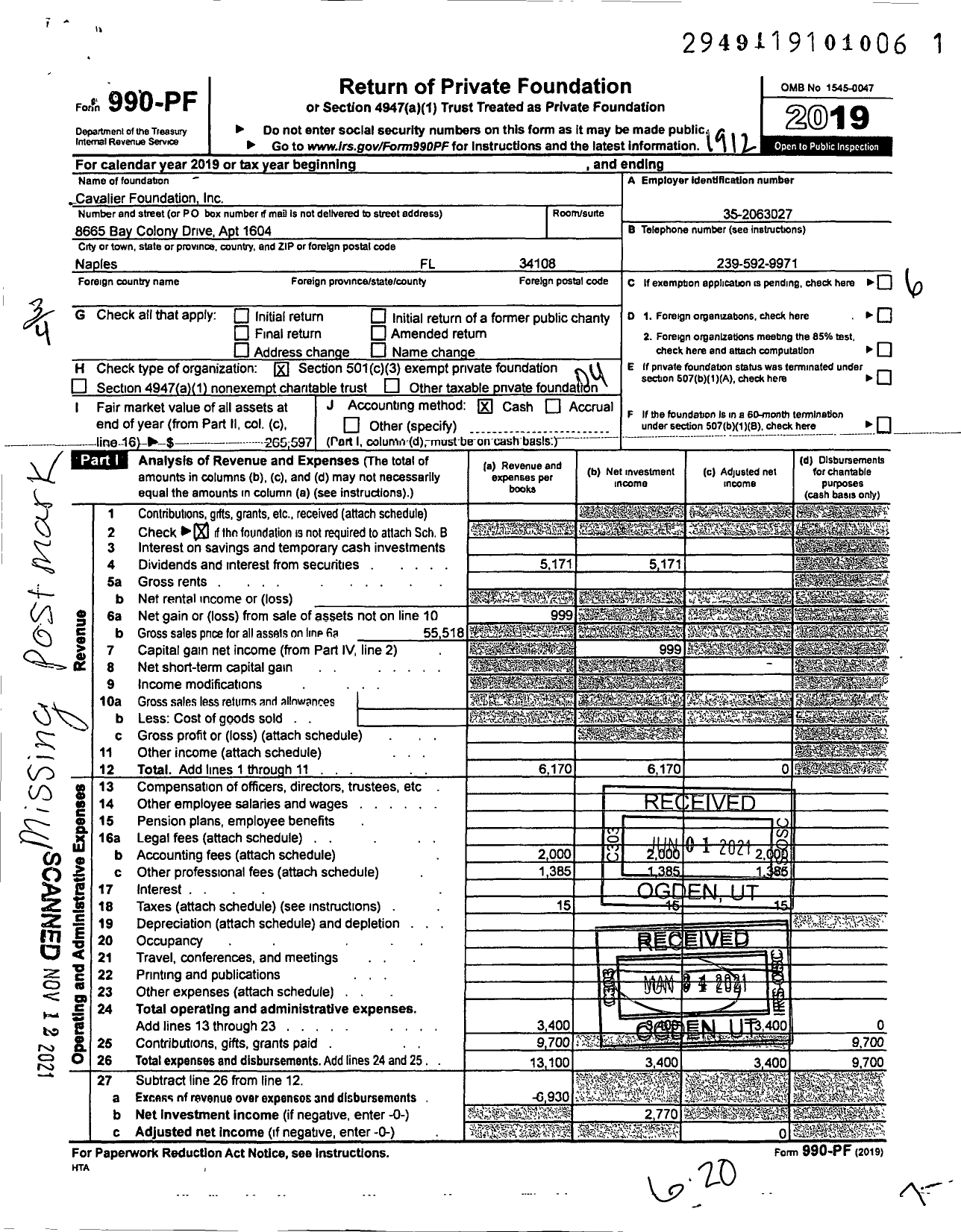 Image of first page of 2019 Form 990PF for Cavalier Foundation