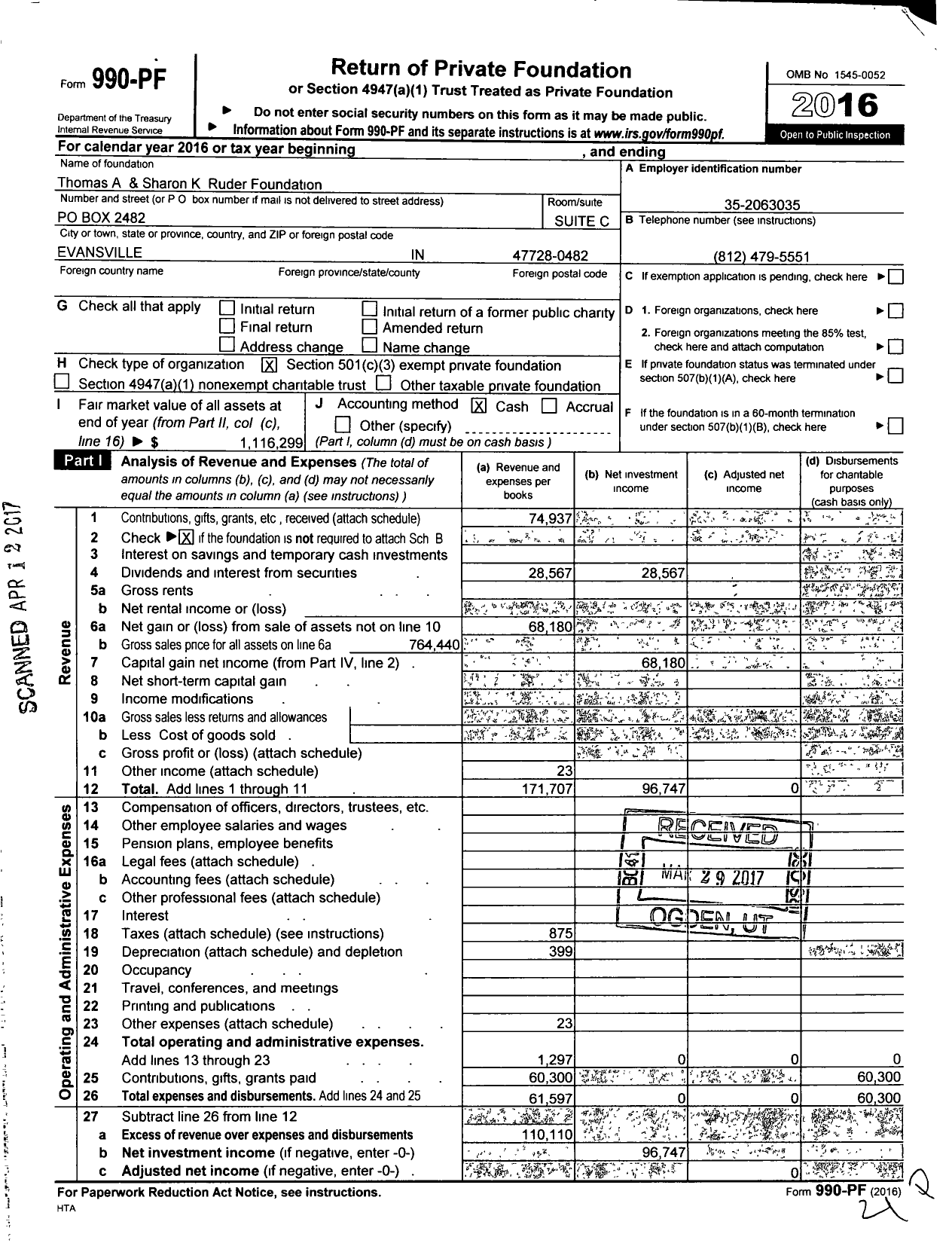 Image of first page of 2016 Form 990PF for Thomas A & Sharon K Ruder Foundation
