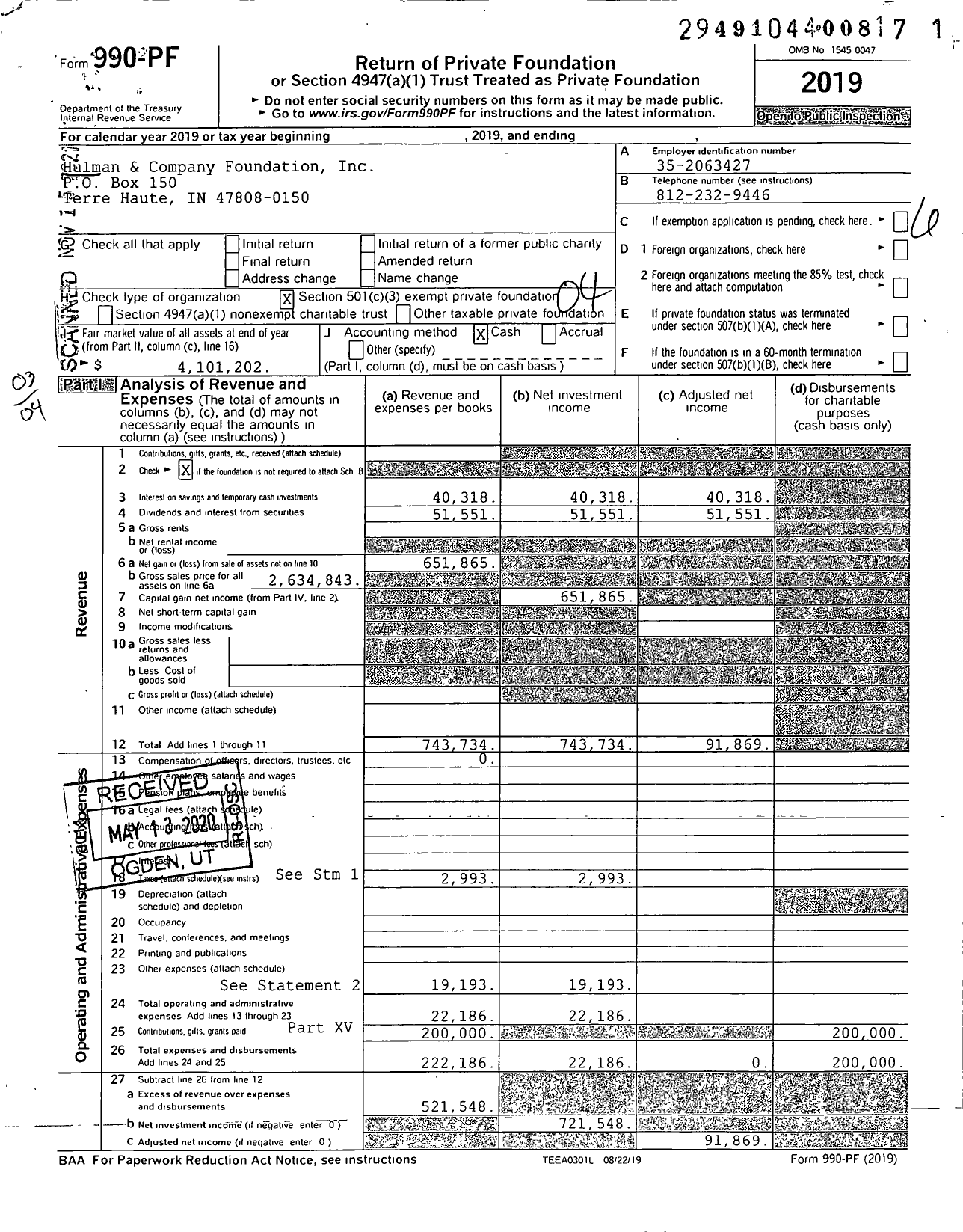 Image of first page of 2019 Form 990PF for Hulman and Company Foundation