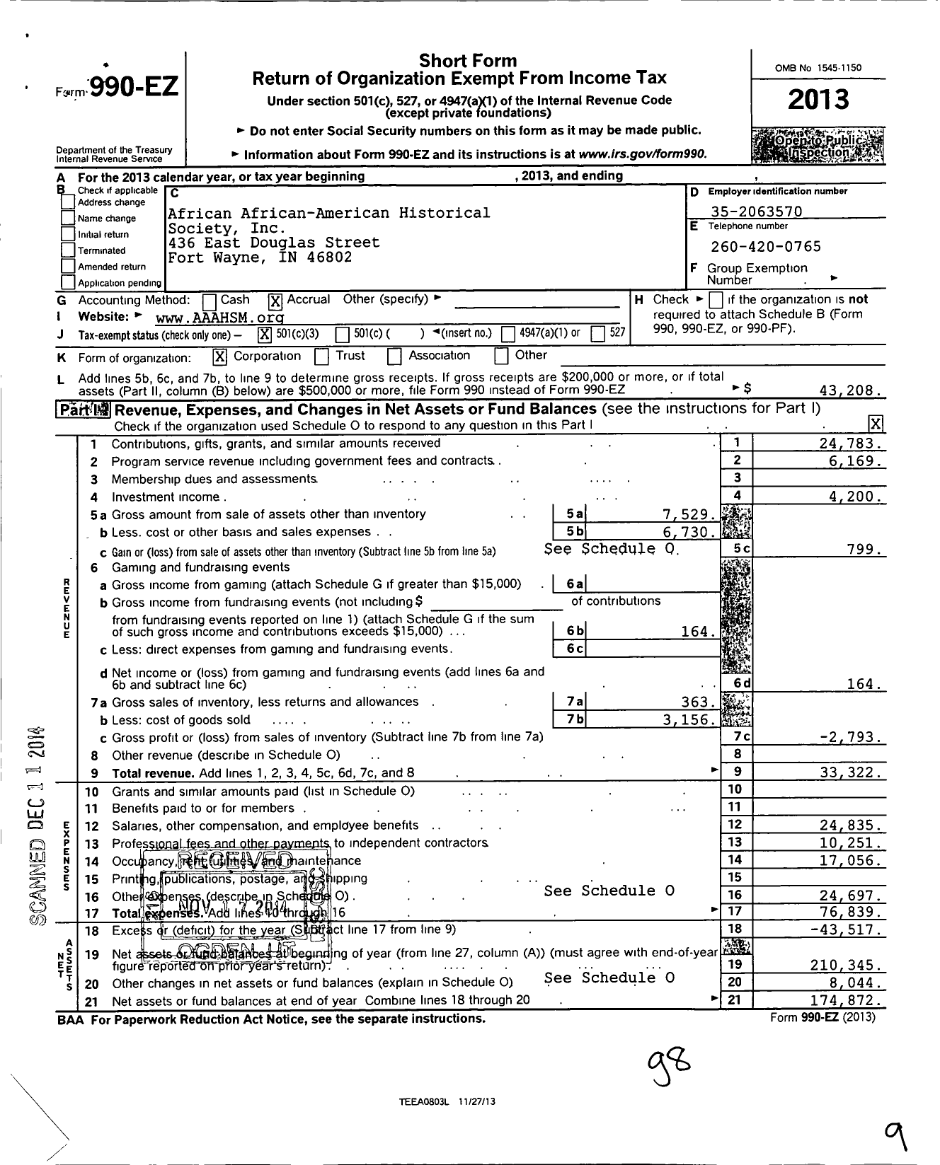 Image of first page of 2013 Form 990EZ for African-African American Historical Society