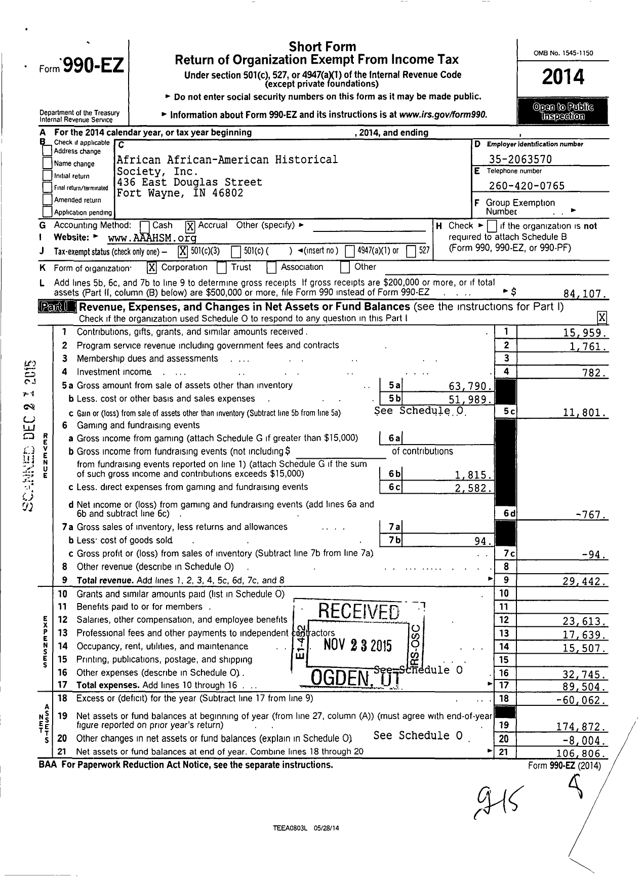 Image of first page of 2014 Form 990EZ for African-African American Historical Society