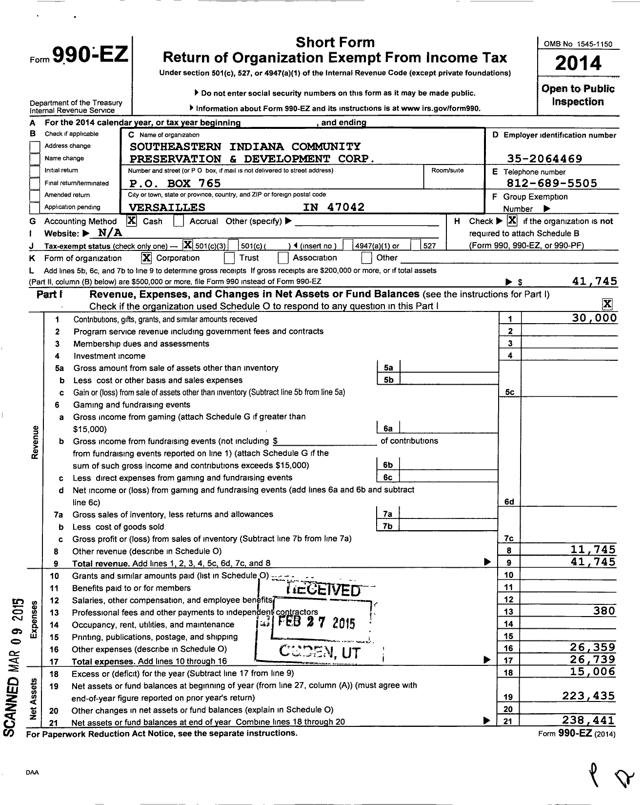 Image of first page of 2014 Form 990EZ for Southeastern Indiana Community Preservation and Development Corporation