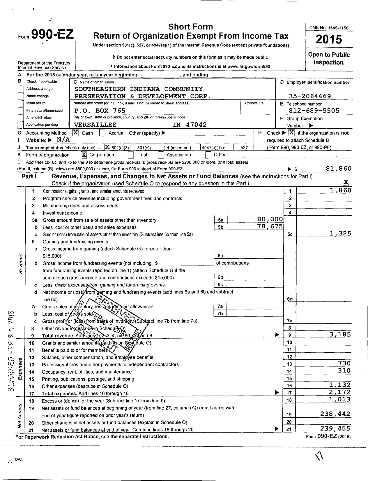 Image of first page of 2015 Form 990EZ for Southeastern Indiana Community Preservation and Development Corporation